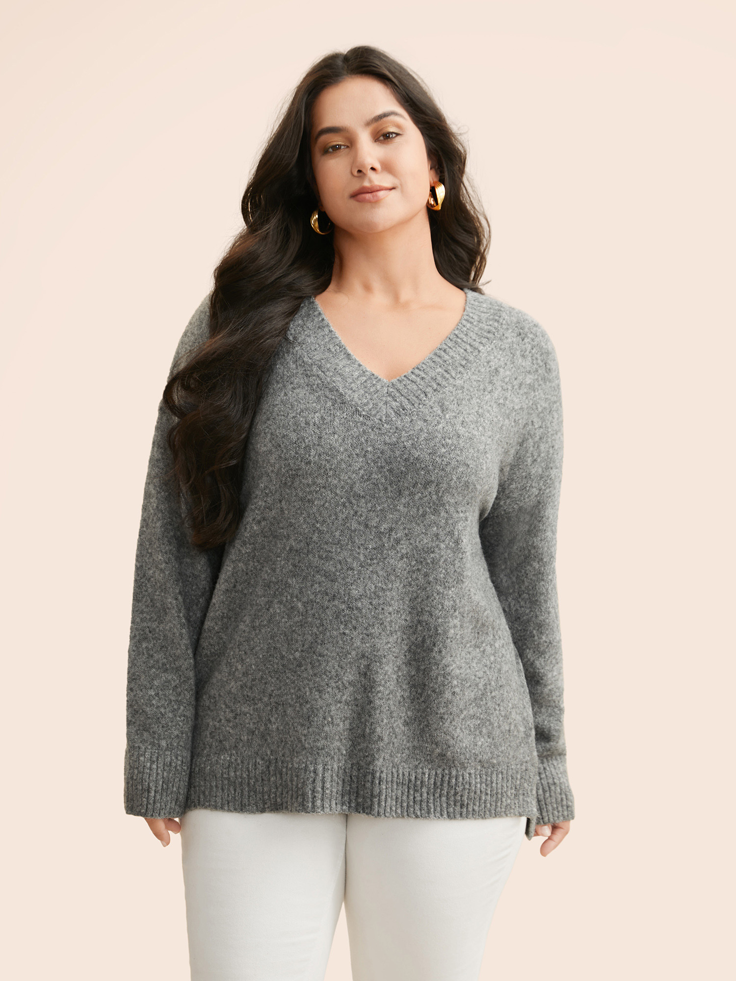 

Plus Size Airy Cozy V Neck Drop Shoulder Pullover DimGray Women Casual Long Sleeve V-neck Everyday Pullovers BloomChic