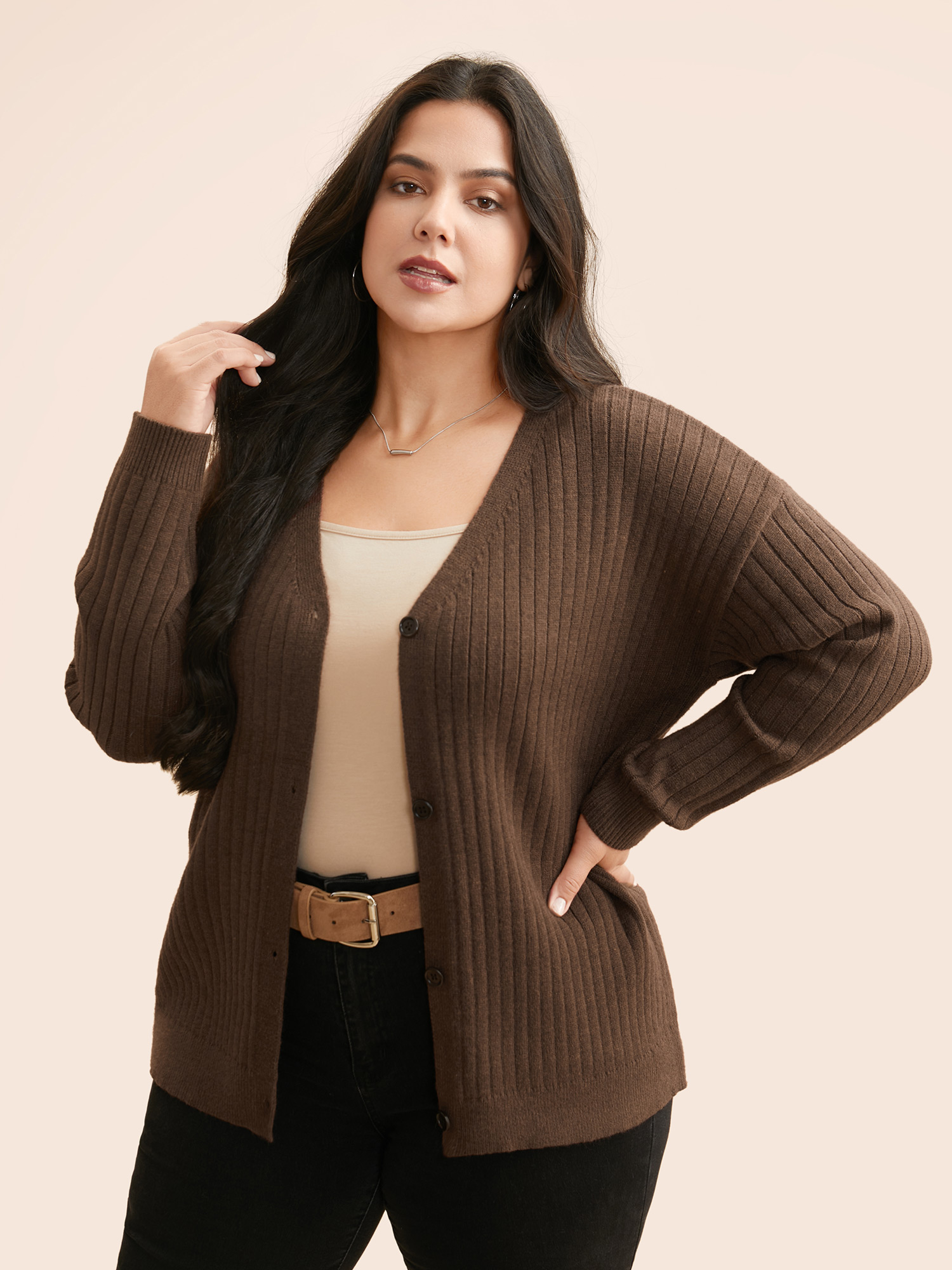 

Plus Size Supersoft V-Neck Cable Knit Cardigan Browncoffeecolor Women Casual Loose Long Sleeve Everyday Cardigans BloomChic