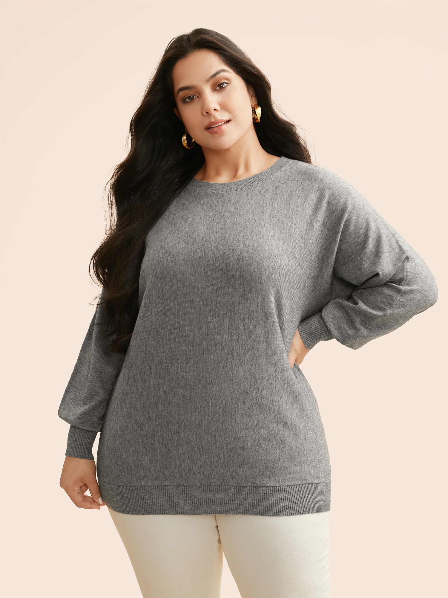 

Plus Size Supersoft Essentials Dolman Sleeves Pullover DarkGray Women Casual Loose Long Sleeve Round Neck Everyday Pullovers BloomChic