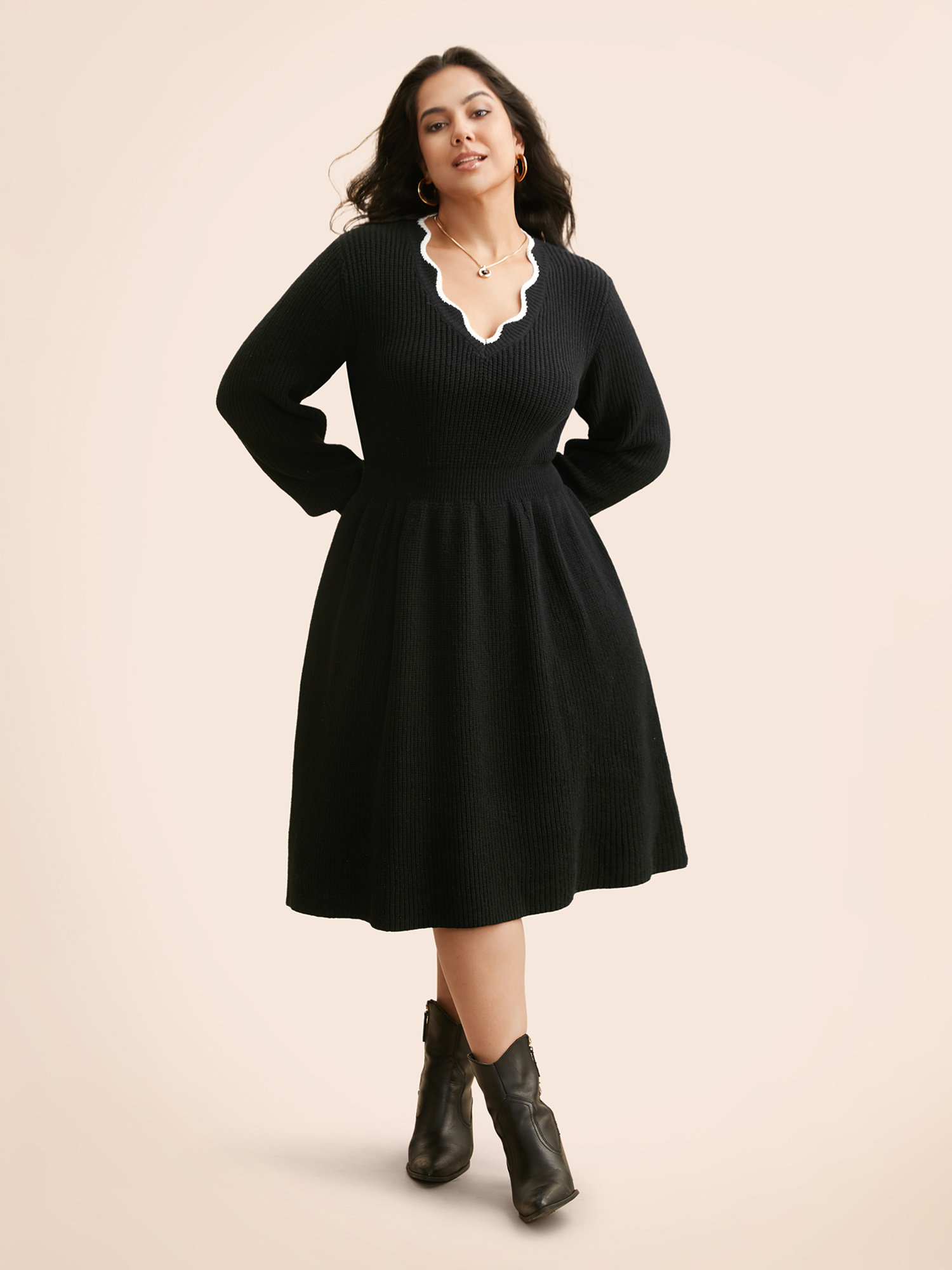 

Plus Size Supersoft Essentials Contrast Lace Collar Sweater Dress Black Women Casual Long Sleeve Everyday Sweater Dresses BloomChic