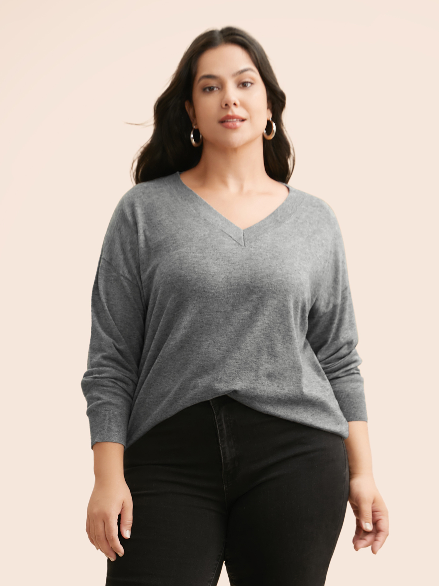 

Plus Size Supersoft Drop Shoulder V-Neck Top Mediumgray Women Casual Long Sleeve V-neck Everyday Pullovers BloomChic