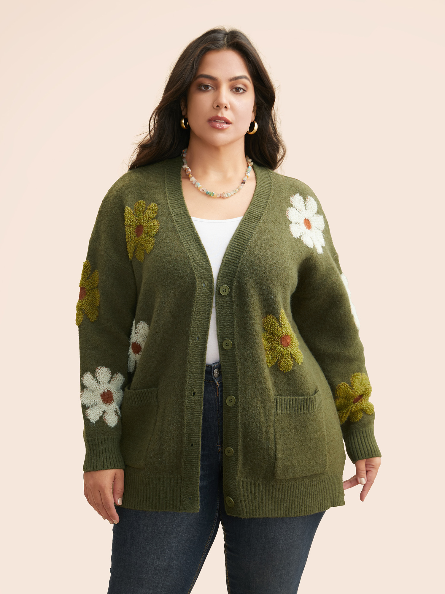 

Plus Size Floral Texture Slit Hem Patch Pocket Cardigan ArmyGreen Women Casual Loose Long Sleeve Everyday Cardigans BloomChic