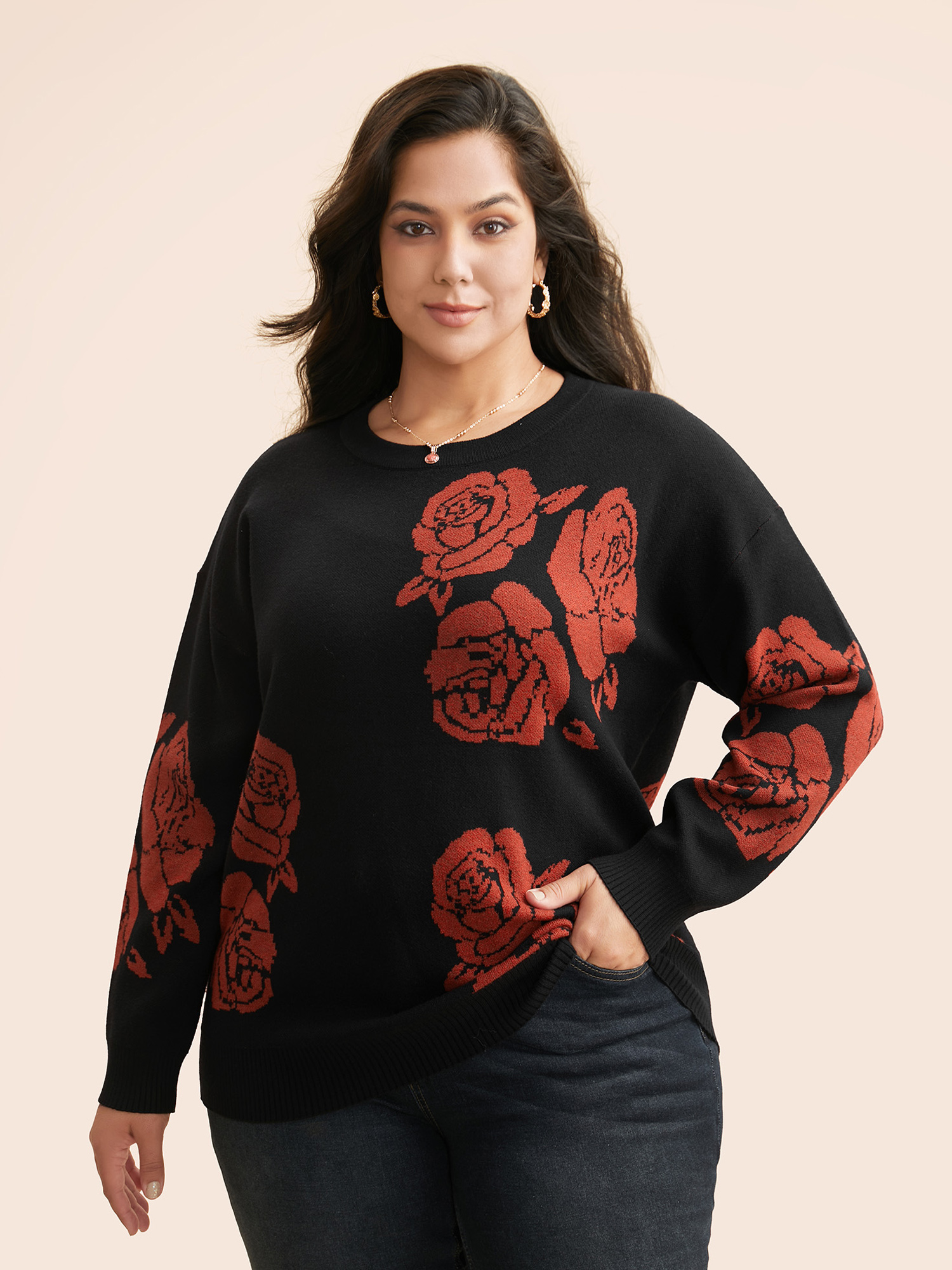 

Plus Size Supersoft Essentials Round Neck Floral Print Pullover Black Women Casual Loose Long Sleeve Round Neck Everyday Pullovers BloomChic