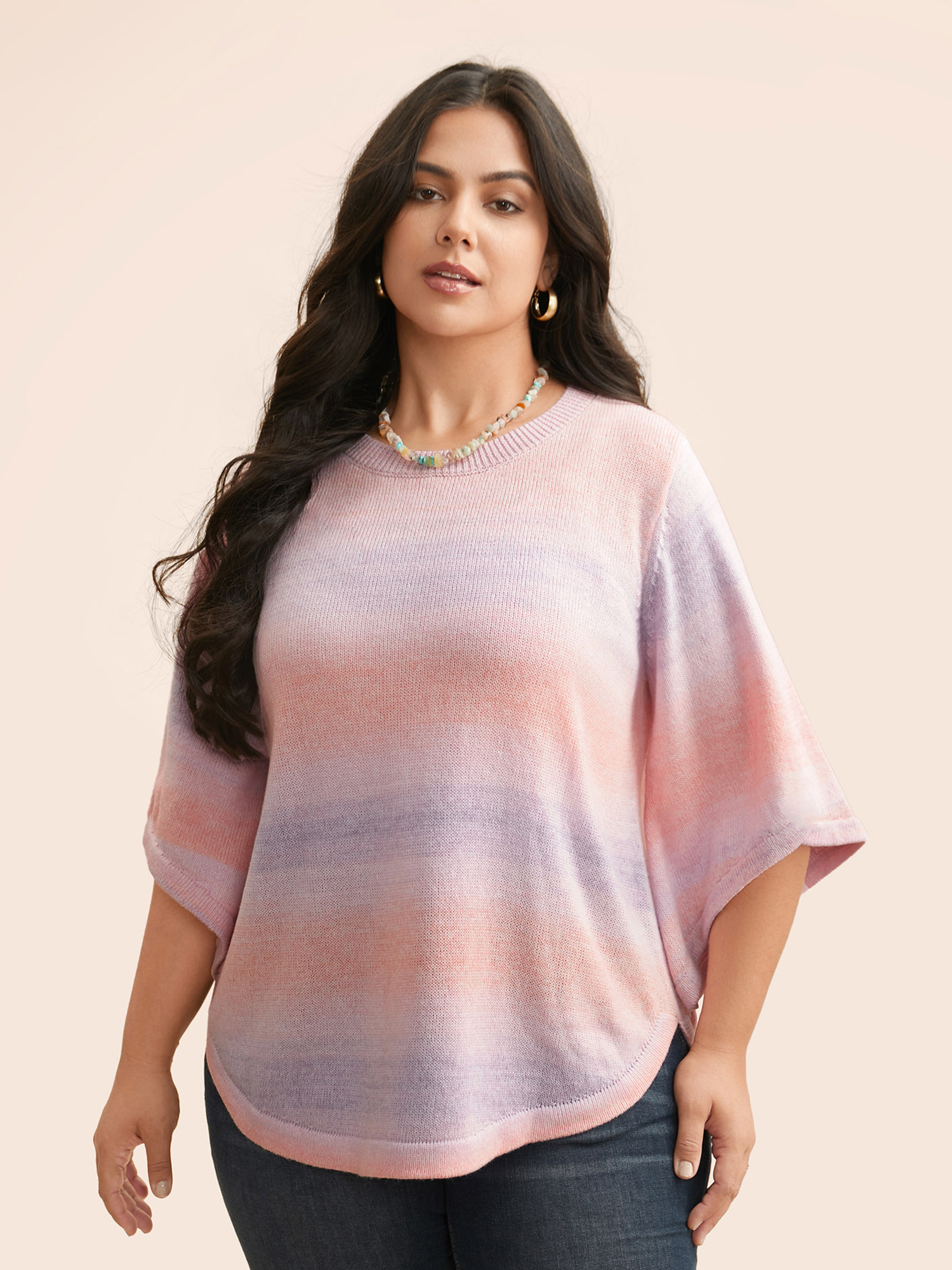 

Plus Size Ombre Round Neck Curved Hem Pullover Blush Women Casual Loose Elbow-length sleeve Round Neck Everyday Pullovers BloomChic