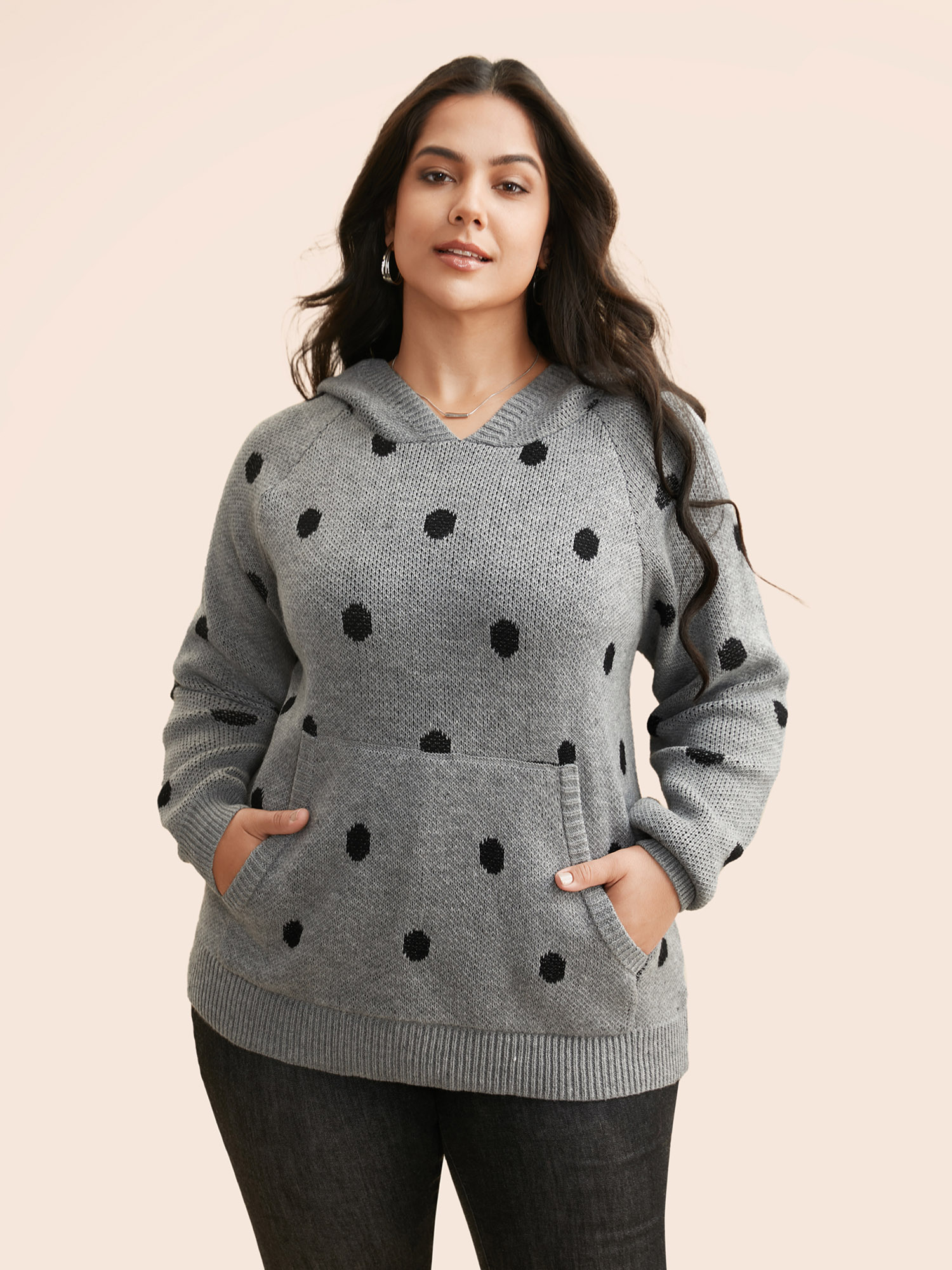 

Plus Size Polka Dot Hooded Patch Pocket Pullover Mediumgray Women Casual Loose Long Sleeve Hooded Everyday Pullovers BloomChic