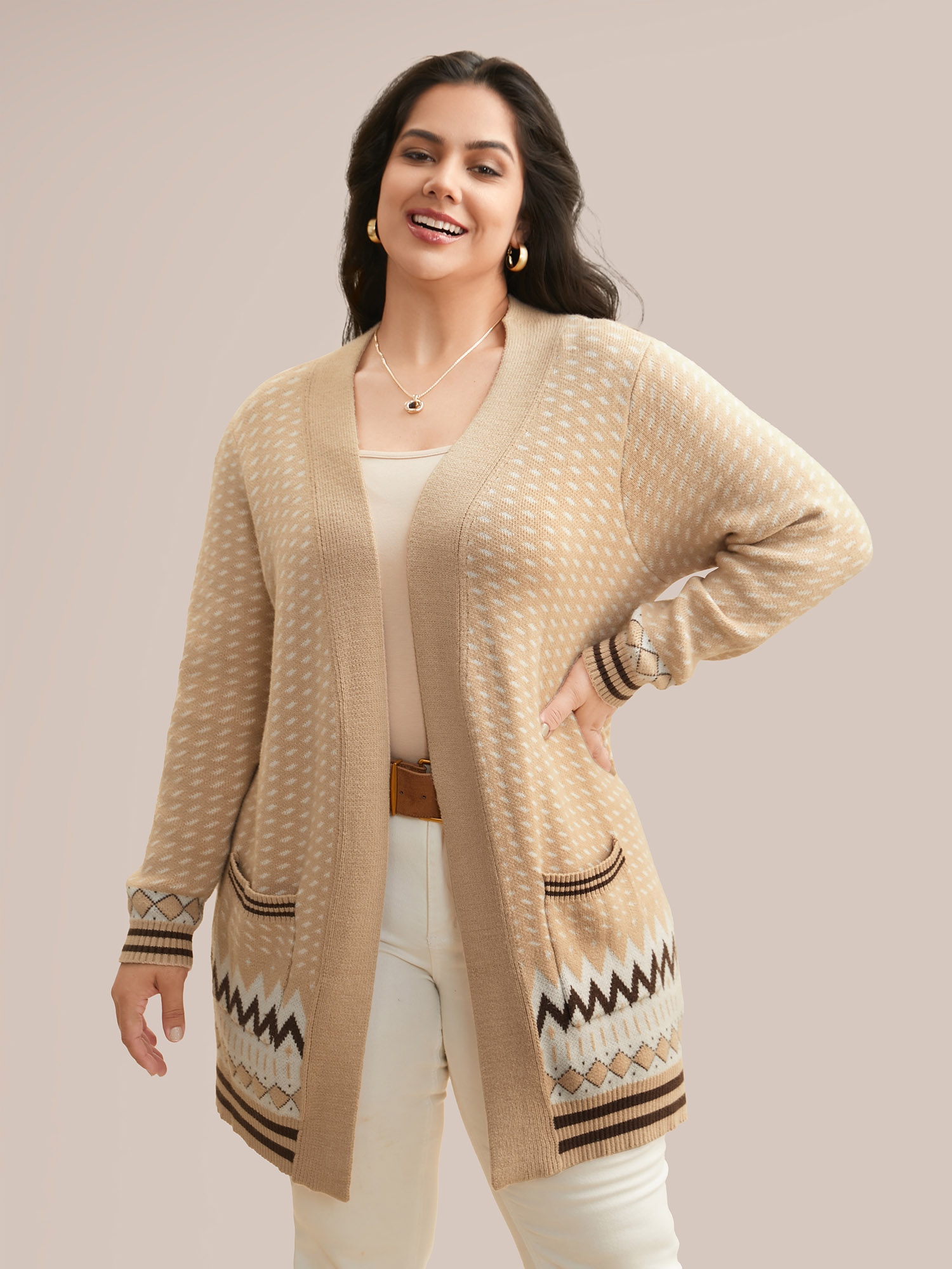 

Plus Size Supersoft Essentials Bandana Geometric Pocket Cardigan Tan Women Casual Loose Long Sleeve Everyday Cardigans BloomChic