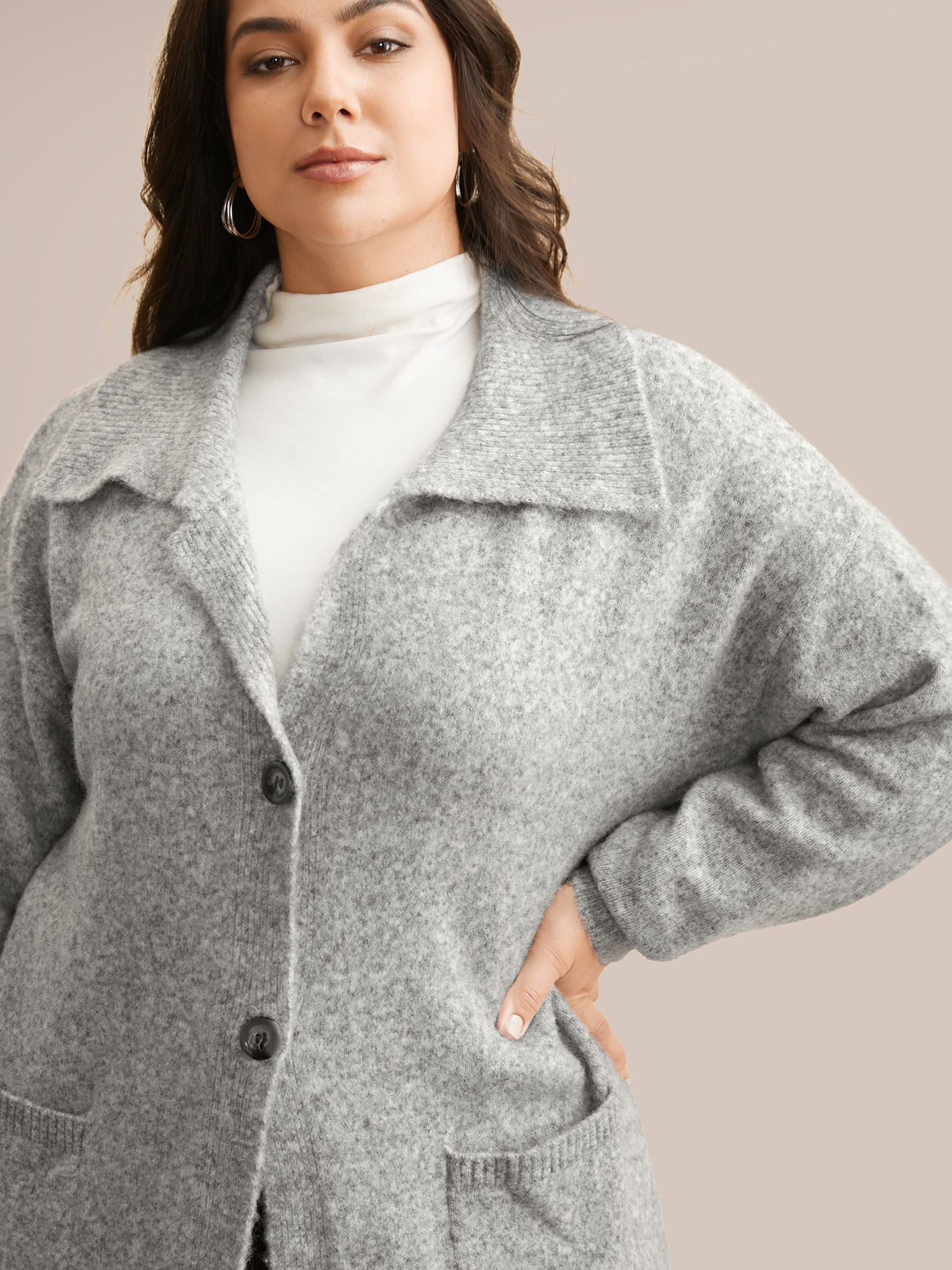 

Plus Size Airy Cozy Lapel Collar Pocket Wool Cardigan LightGray Women Casual Loose Long Sleeve Everyday Cardigans BloomChic