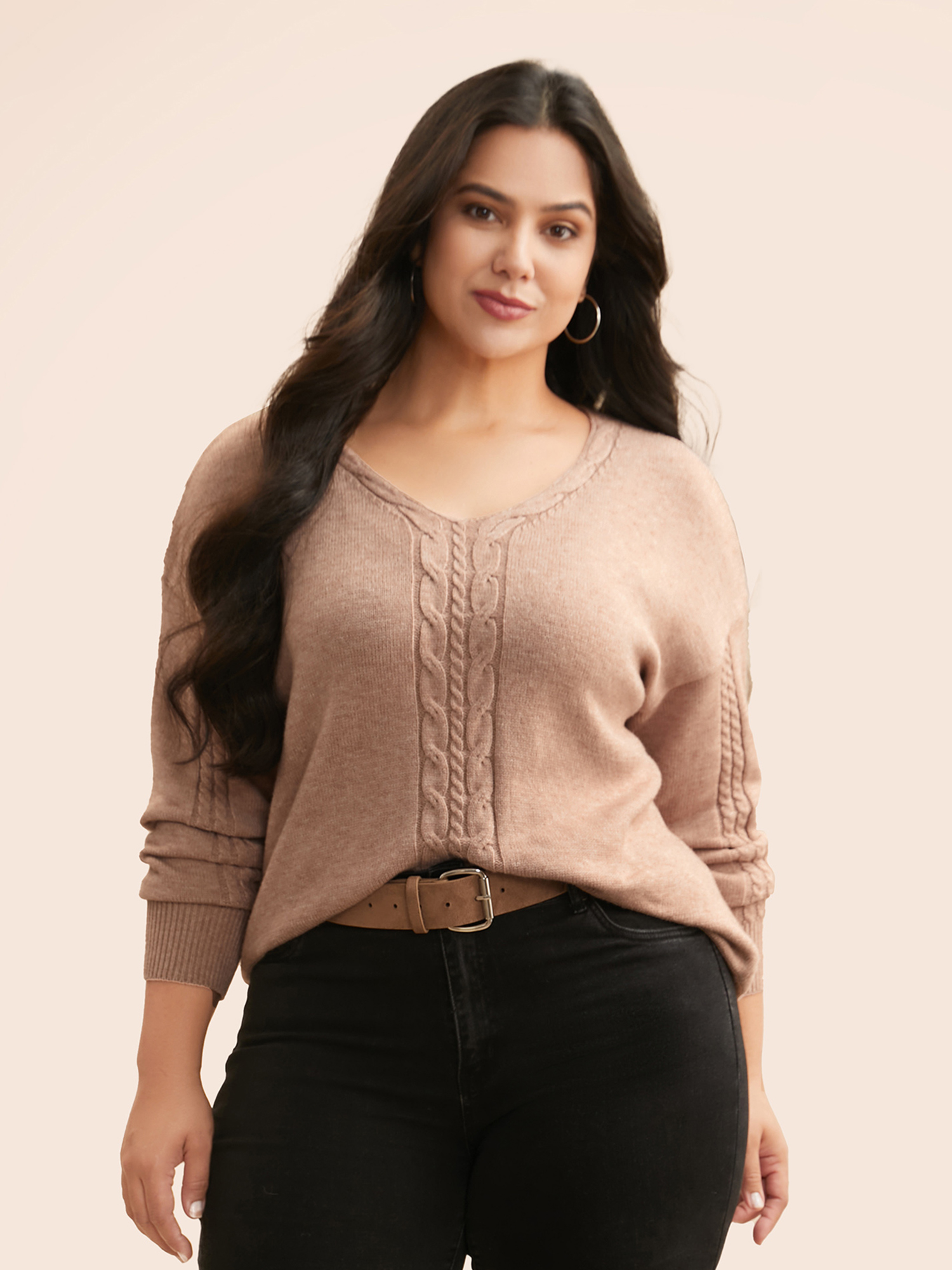 

Plus Size Supersoft Essentials V Neck Cable Knit Pullover DustyPink Women Basics Loose Long Sleeve V-neck Everyday Pullovers BloomChic