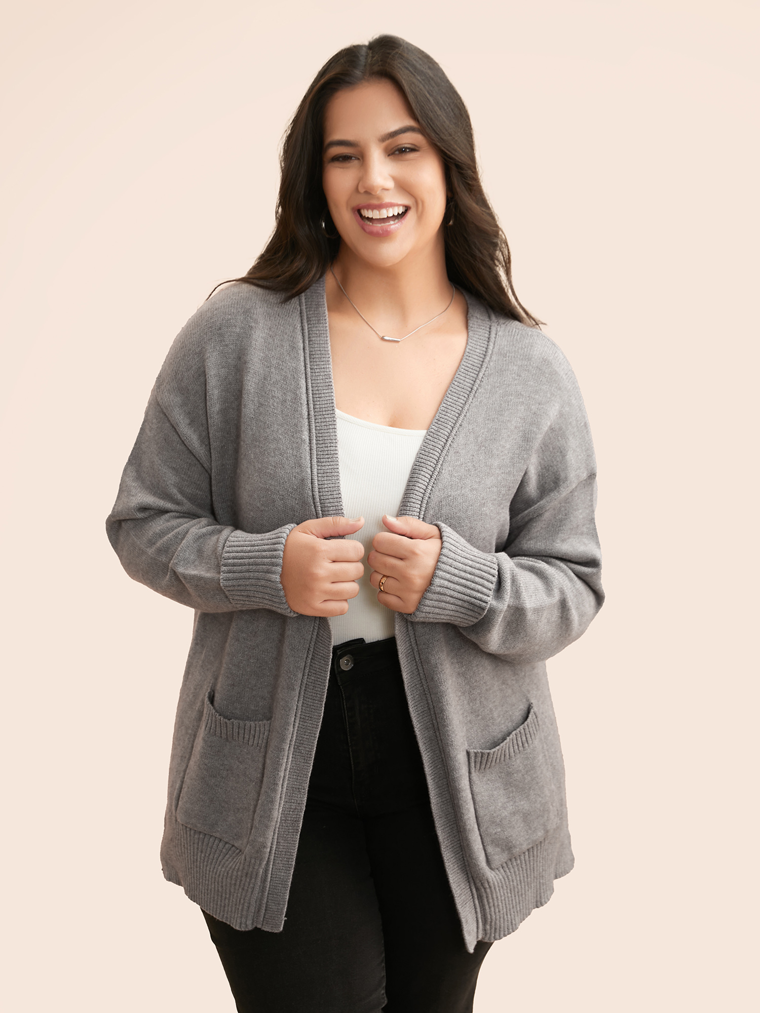 

Plus Size Supersoft Essentials Open Pockets Cardigan DimGray Women Basics Loose Long Sleeve Everyday Cardigans BloomChic