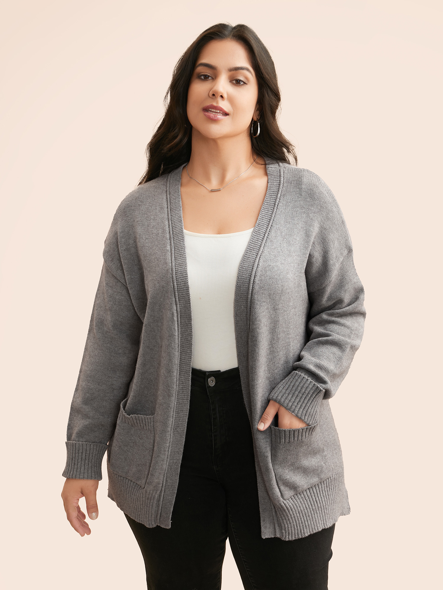 

Plus Size Supersoft Essentials Open Pockets Cardigan DimGray Women Basics Loose Long Sleeve Everyday Cardigans BloomChic