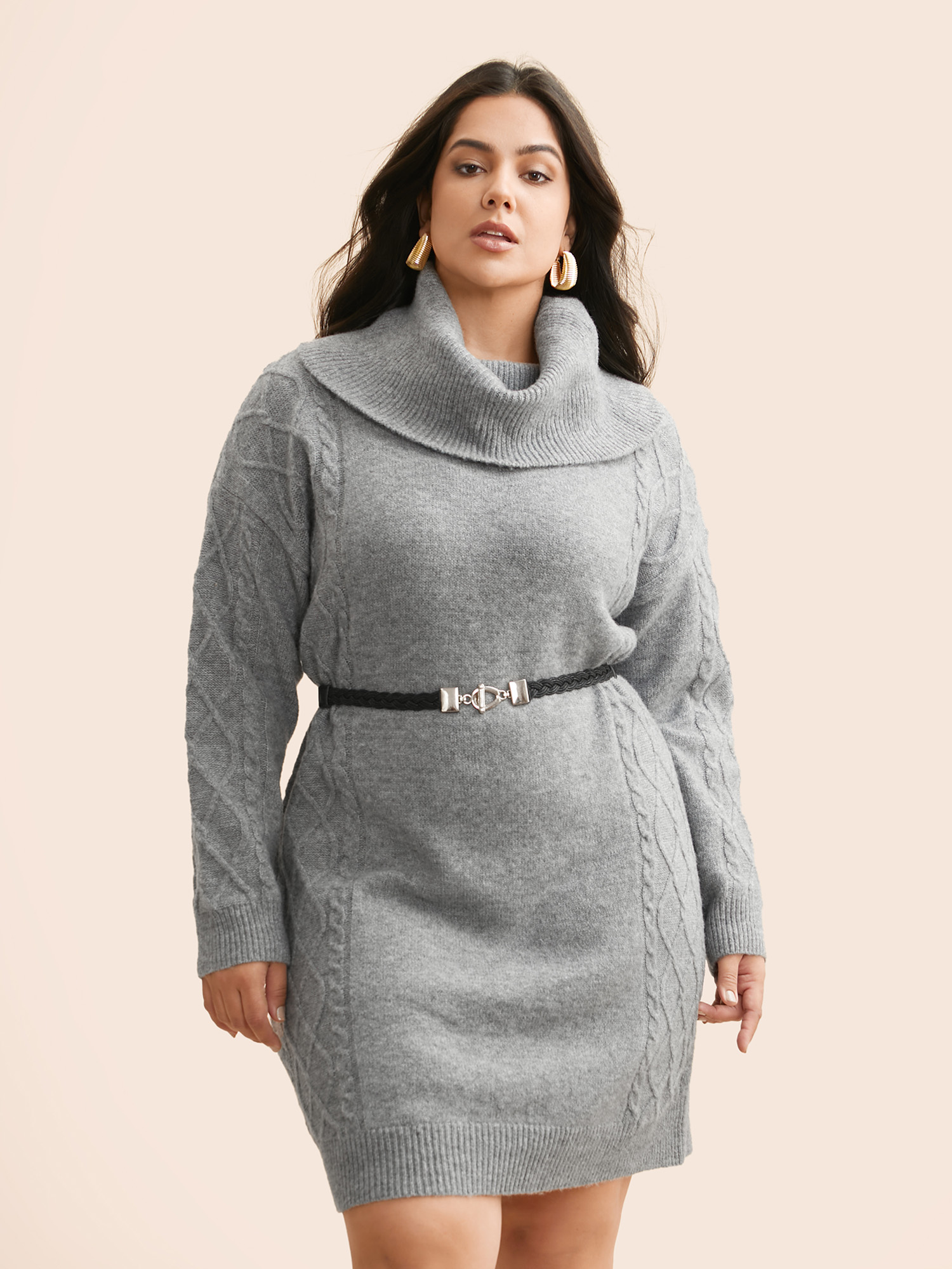 

Plus Size Airy Cozy Cable Knit Sweater Dress DimGray Women Casual Loose Long Sleeve Everyday Sweater Dresses BloomChic