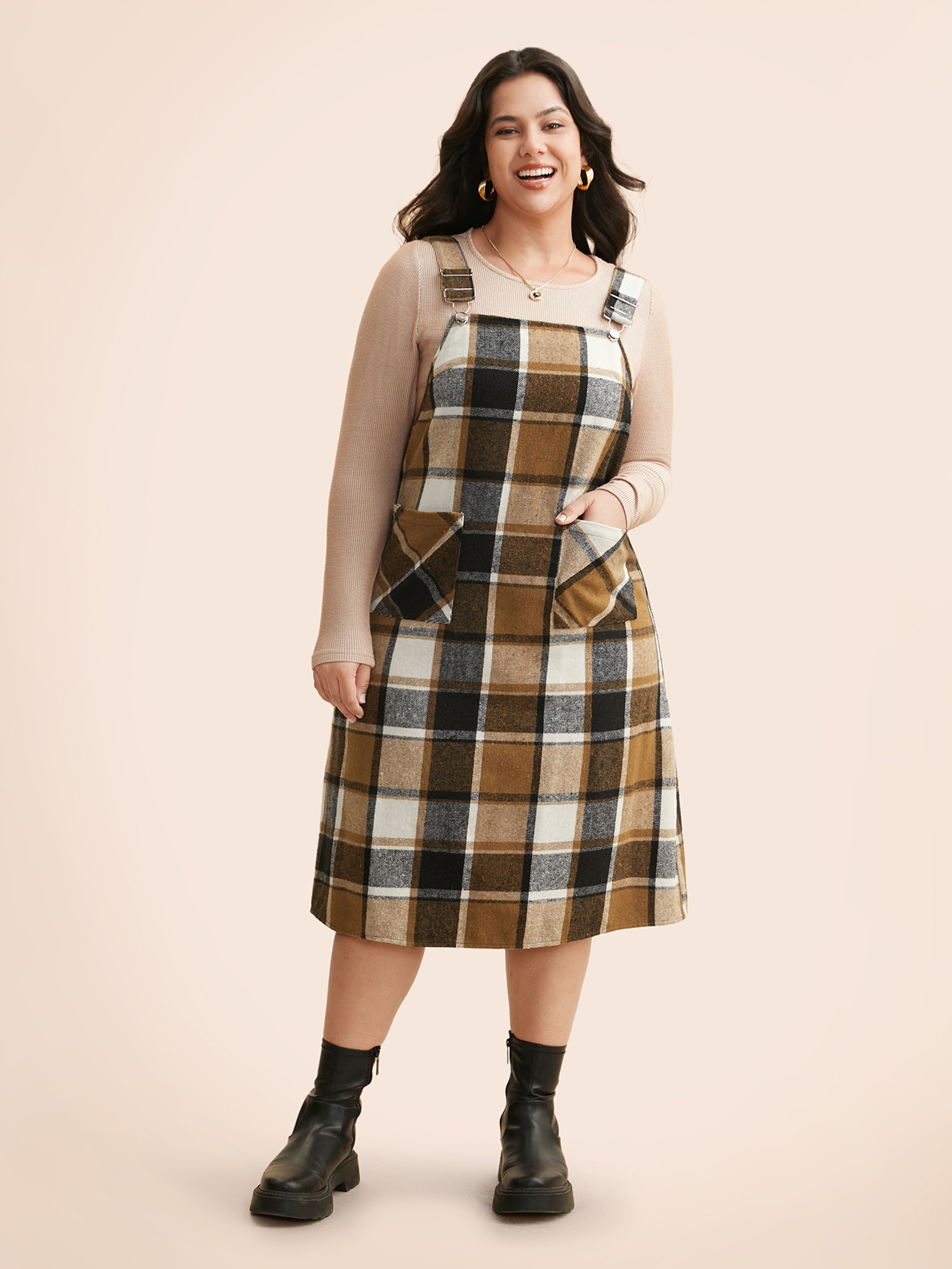 

Plus Size Plaid Patch Pocket Overall Dress LightBrown Women Casual Non Non Sleeveless Curvy BloomChic