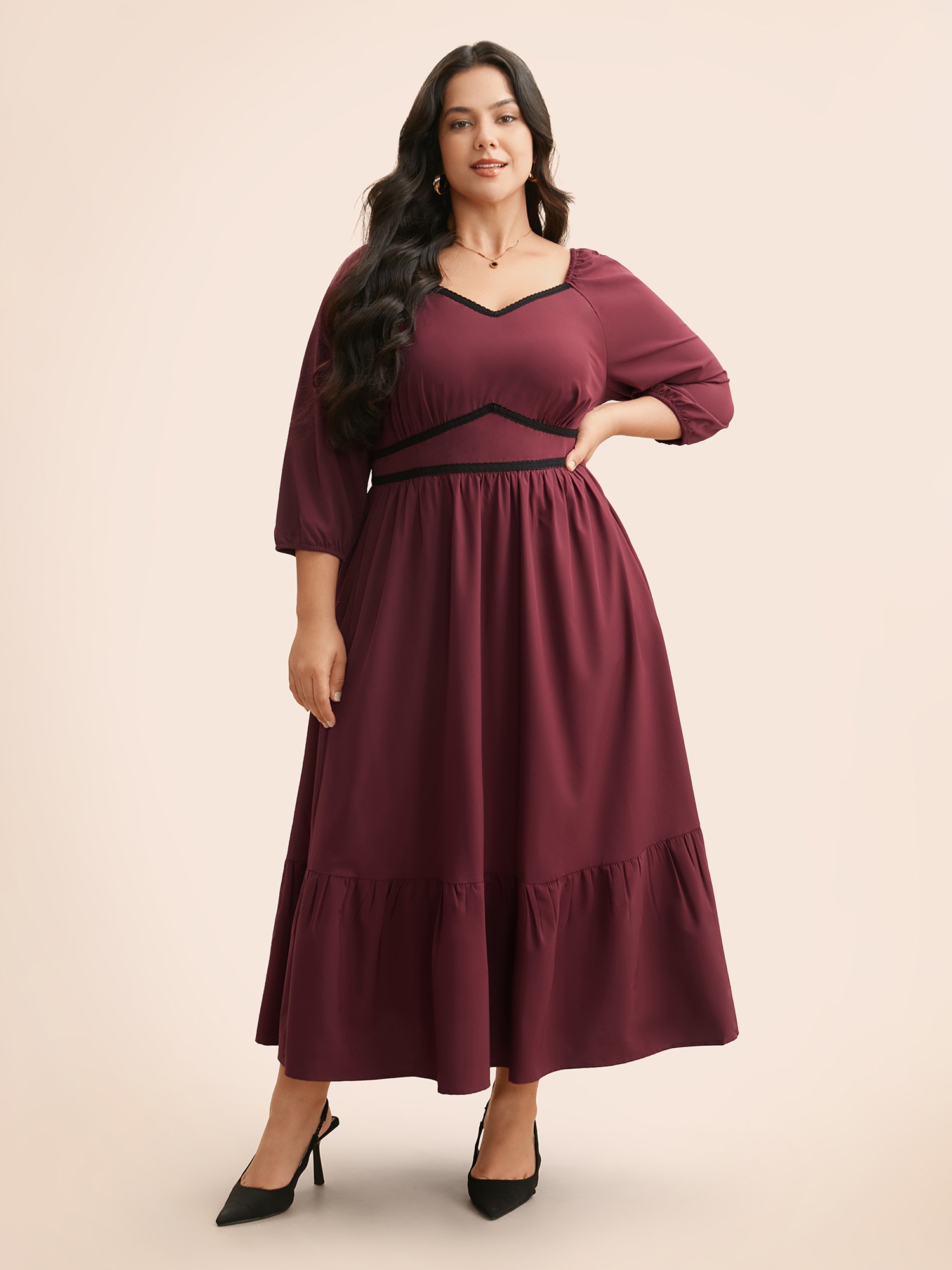 

Plus Size Heart Neckline Woven Ribbon Midi Dress Burgundy Women Elegant Woven ribbon&lace trim Heart neckline Elbow-length sleeve Curvy BloomChic