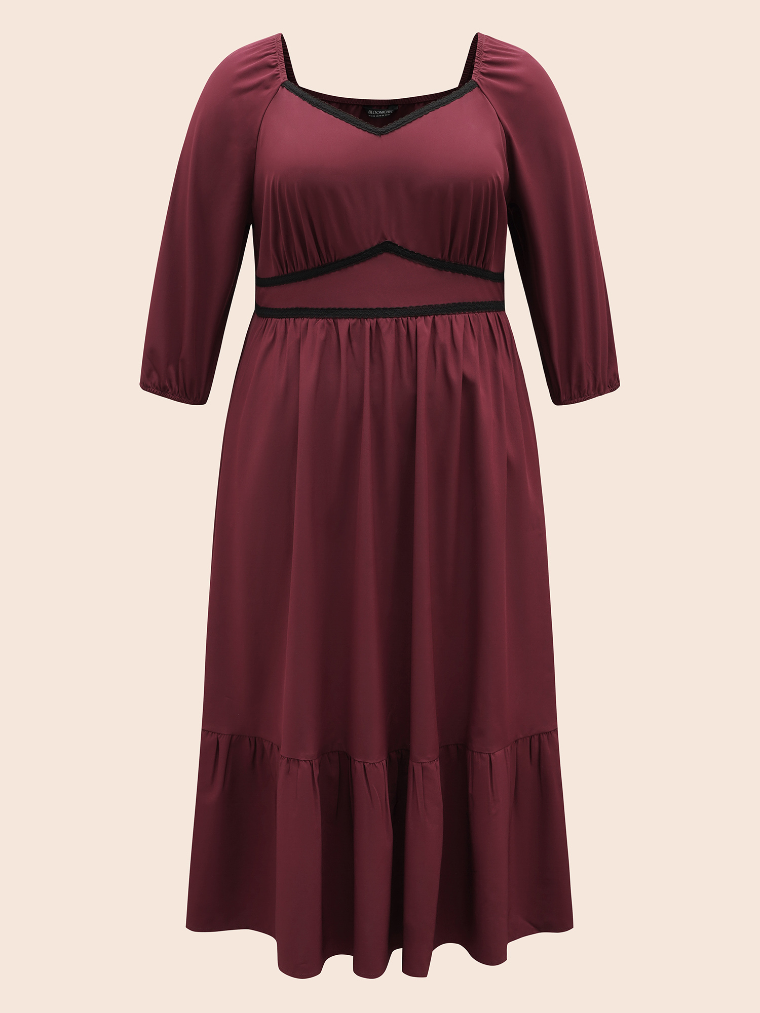 

Plus Size Heart Neckline Woven Ribbon Midi Dress Burgundy Women Elegant Woven ribbon&lace trim Heart neckline Elbow-length sleeve Curvy BloomChic