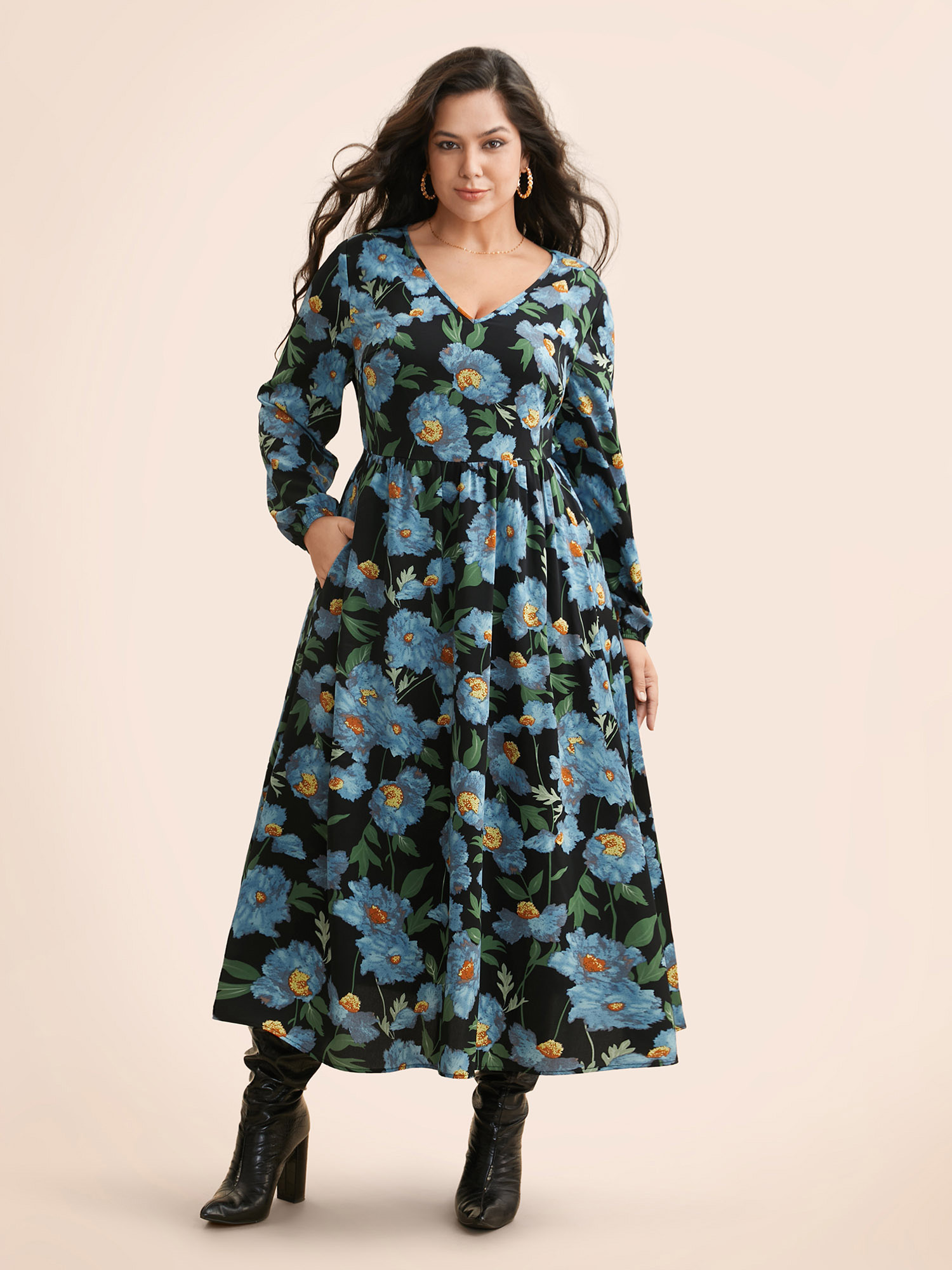 

Plus Size V Neck Floral Print Elastic Waist Dress BlackFlower Women Elegant Non V-neck Long Sleeve Curvy BloomChic