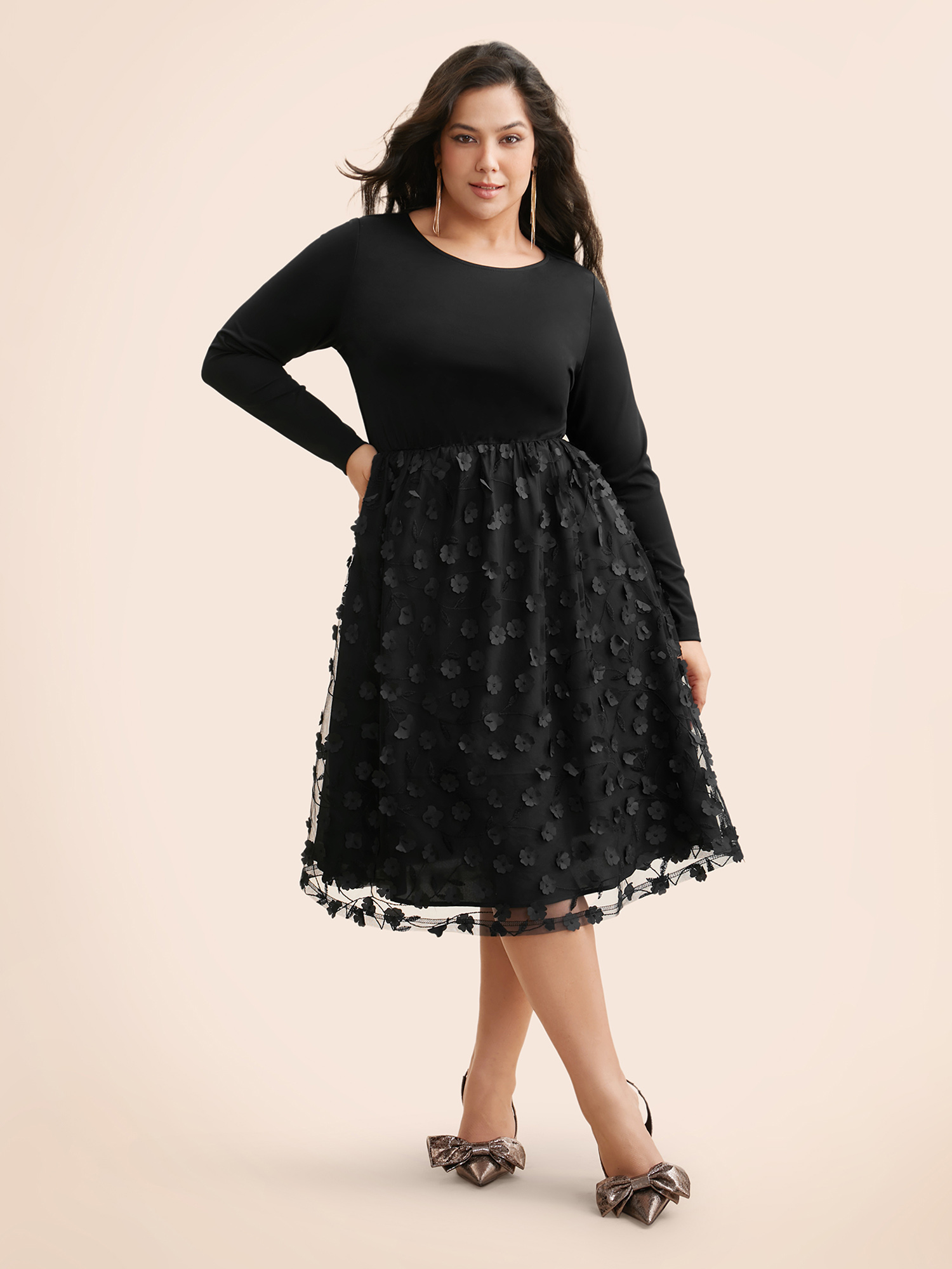 

Plus Size Round Neck Textured Mesh Patchwork Dress Black Women Formal Texture Round Neck Long Sleeve Curvy BloomChic