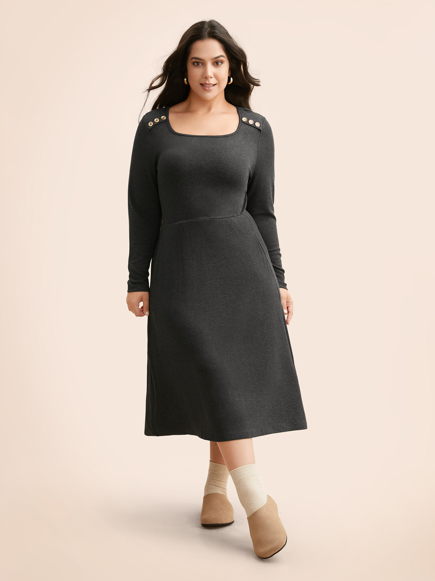 

Plus Size Supersoft Essentials Button Shoulder Midi Dress DarkGray Women Casual Texture Square Neck Long Sleeve Curvy BloomChic