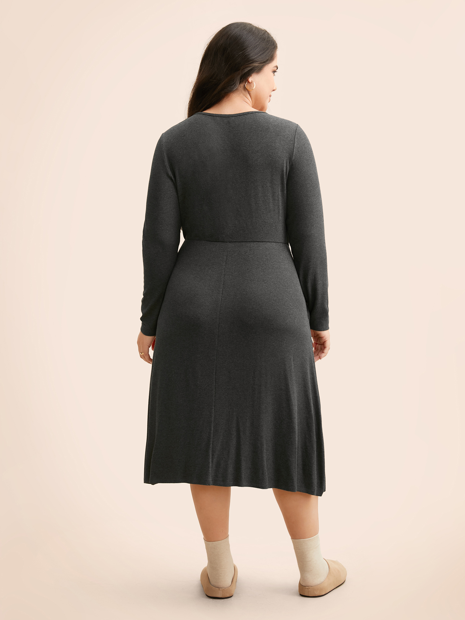 

Plus Size Supersoft Essentials Button Shoulder Midi Dress DarkGray Women Casual Texture Square Neck Long Sleeve Curvy BloomChic