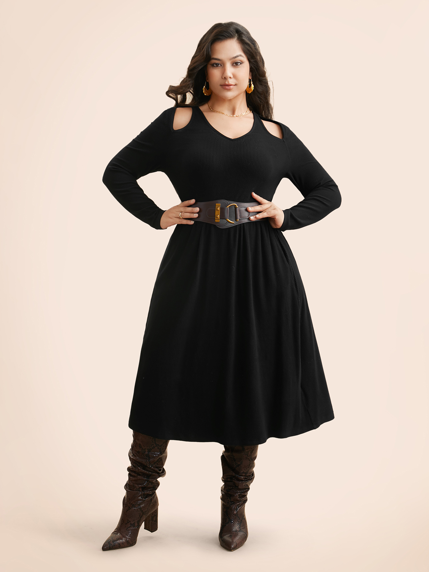 

Plus Size Solid Pit Strip Cut Out Dress Black Women Elegant Texture V-neck Long Sleeve Curvy BloomChic