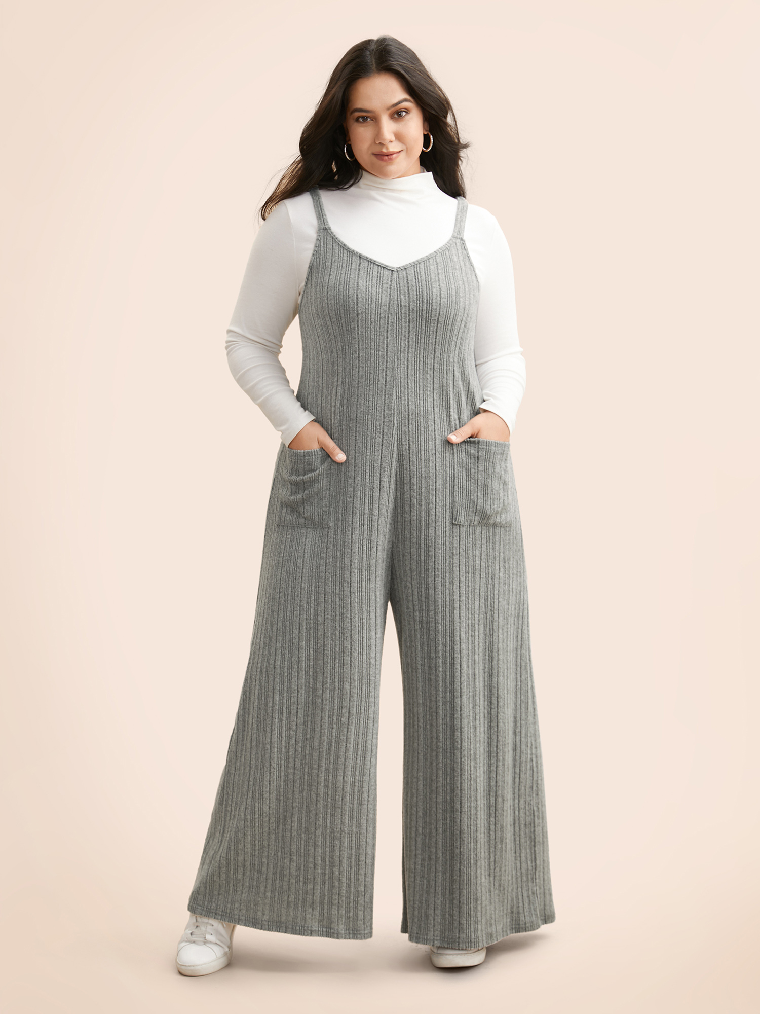 

Plus Size LightGray Airy Cozy Cami Wide-Leg Jumpsuit Women Casual Sleeveless V-neck Everyday Loose Jumpsuits BloomChic