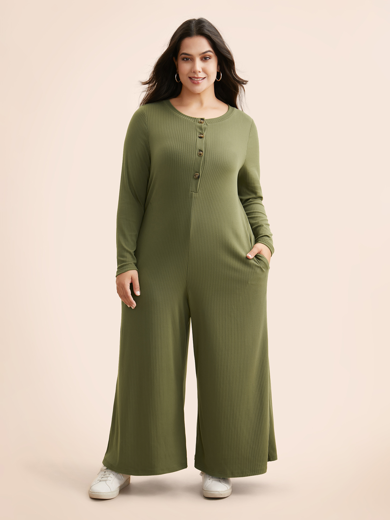 

Plus Size ArmyGreen Supersoft Essentials Front Placket Onesie Women Casual Long Sleeve Round Neck Everyday Loose Jumpsuits BloomChic