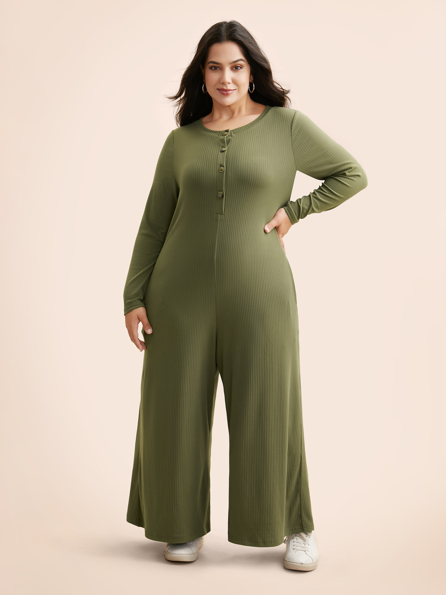 

Plus Size ArmyGreen Supersoft Essentials Front Placket Onesie Women Casual Long Sleeve Round Neck Everyday Loose Jumpsuits BloomChic