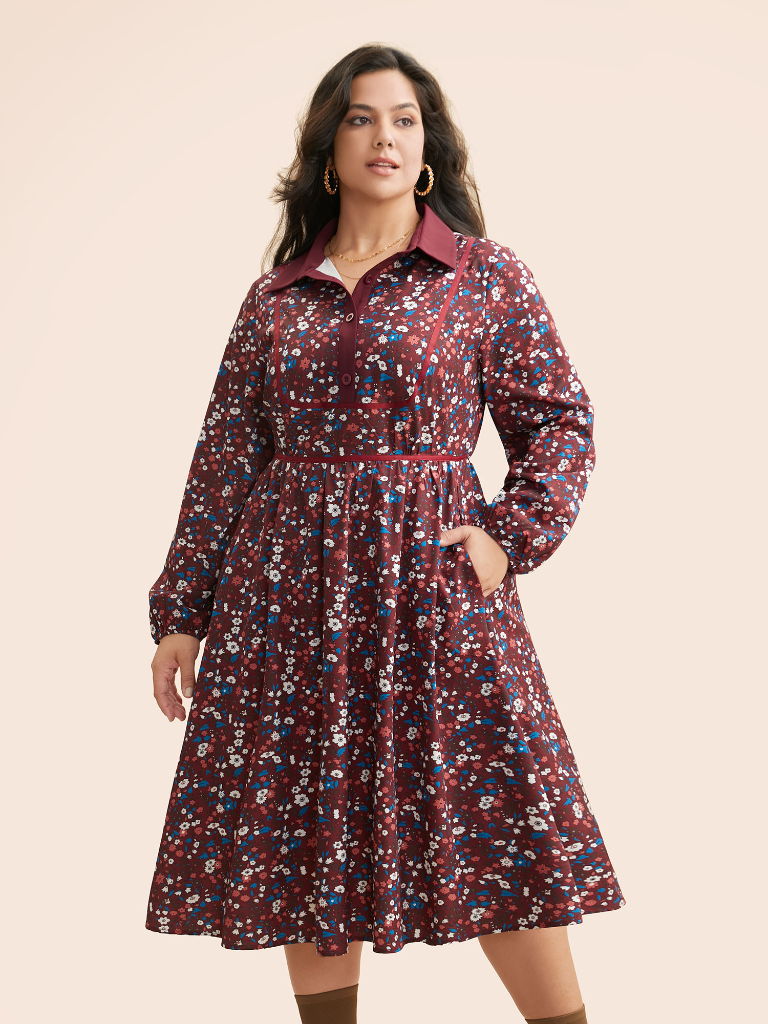 

Plus Size Ditsy Floral Woven Ribbon Button Up Dress Burgundy Women Casual Woven ribbon&lace trim Shirt collar Extra Long Sleeve Curvy BloomChic