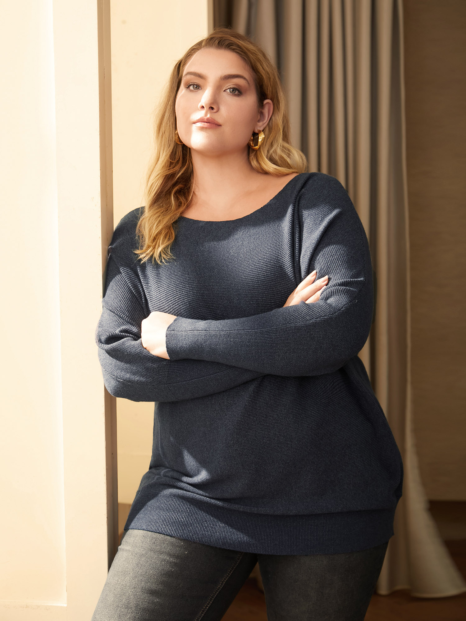 

Plus Size Supersoft Dolman Sleeve Pullover Indigo Women Casual Loose Long Sleeve Boat Neck Everyday Pullovers BloomChic