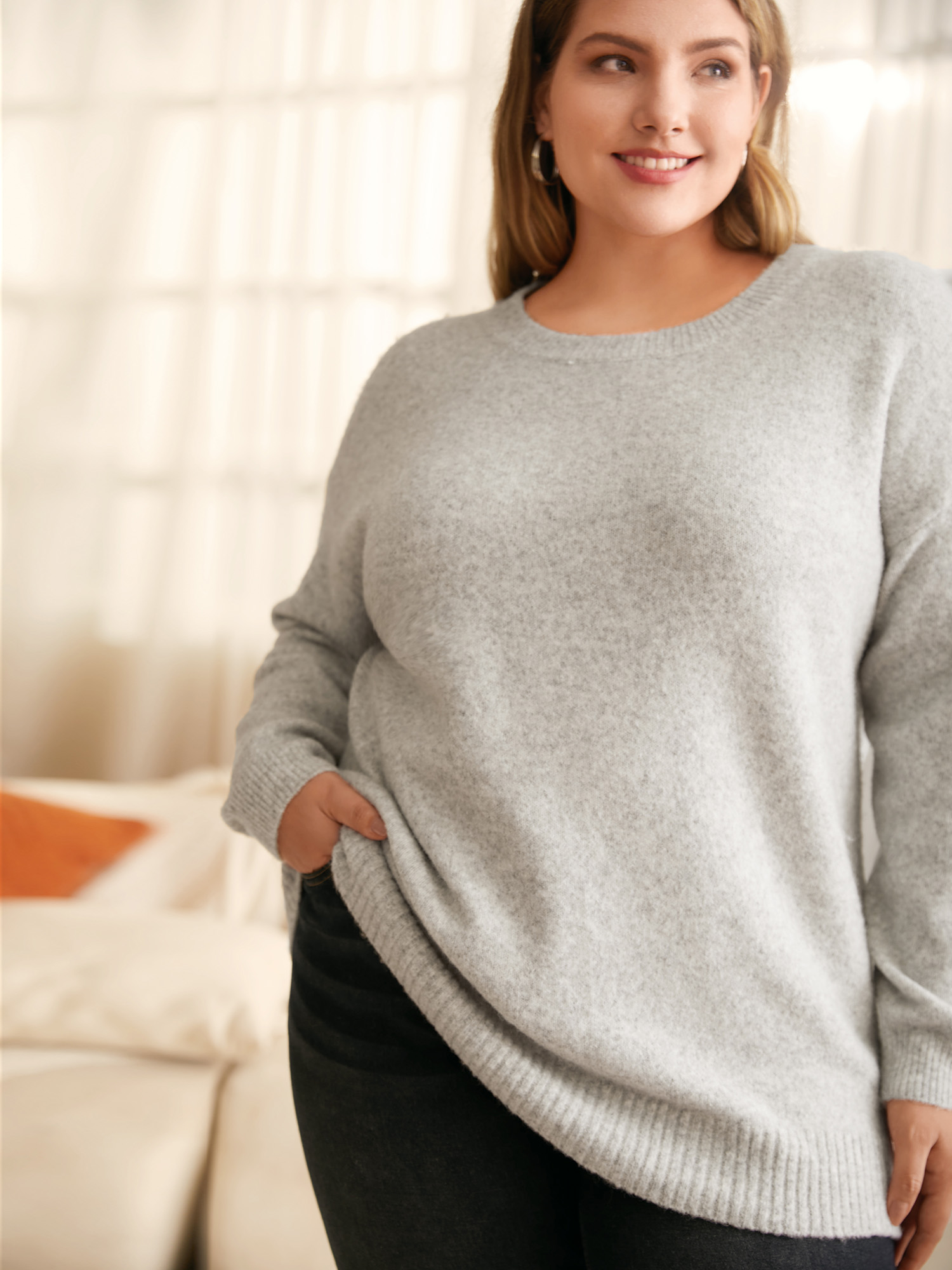 

Plus Size Airy Cozy Drop Shoulder Wool Pullover LightGray Women Casual Long Sleeve Round Neck Everyday Pullovers BloomChic