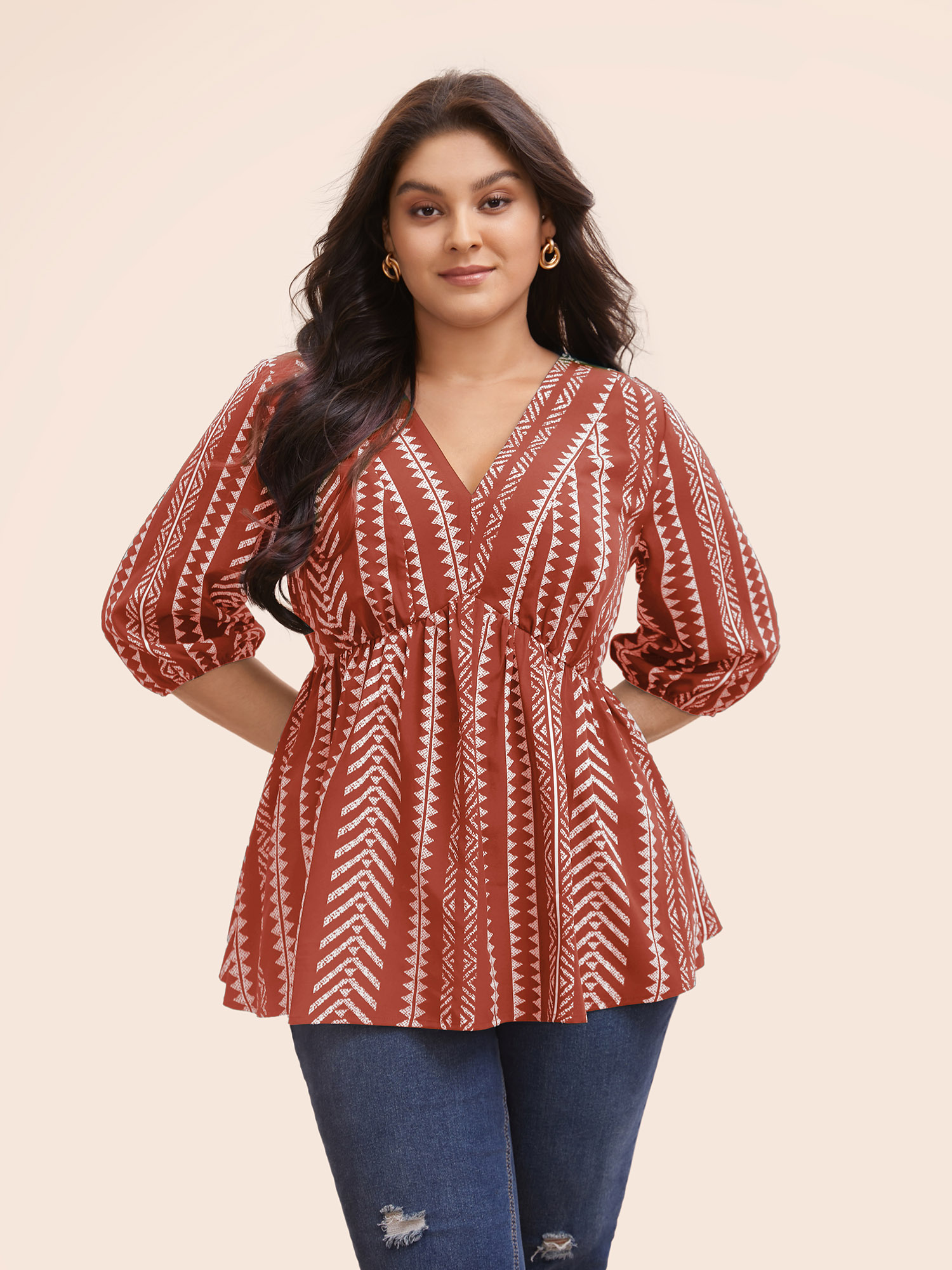 

Plus Size Russet Bandana Geometric Lantern Sleeve Gathered Blouse Women Resort Elbow-length sleeve V-neck Vacation Blouses BloomChic