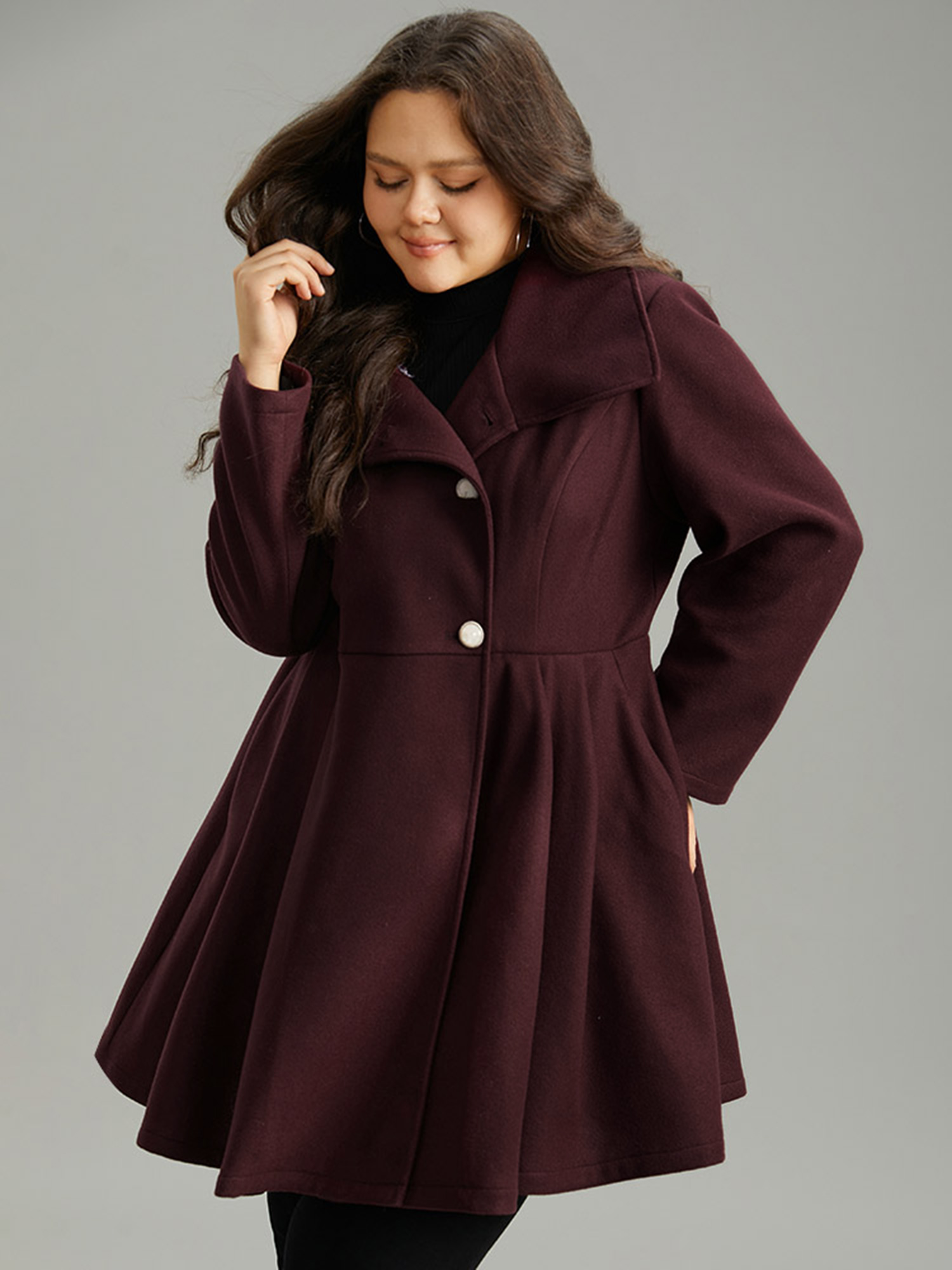 

Plus Size Plain Button Up Pocket Asymmetrical Lapel Collar Coat Women Burgundy Elegant Plain Ladies Everyday Winter Coats BloomChic