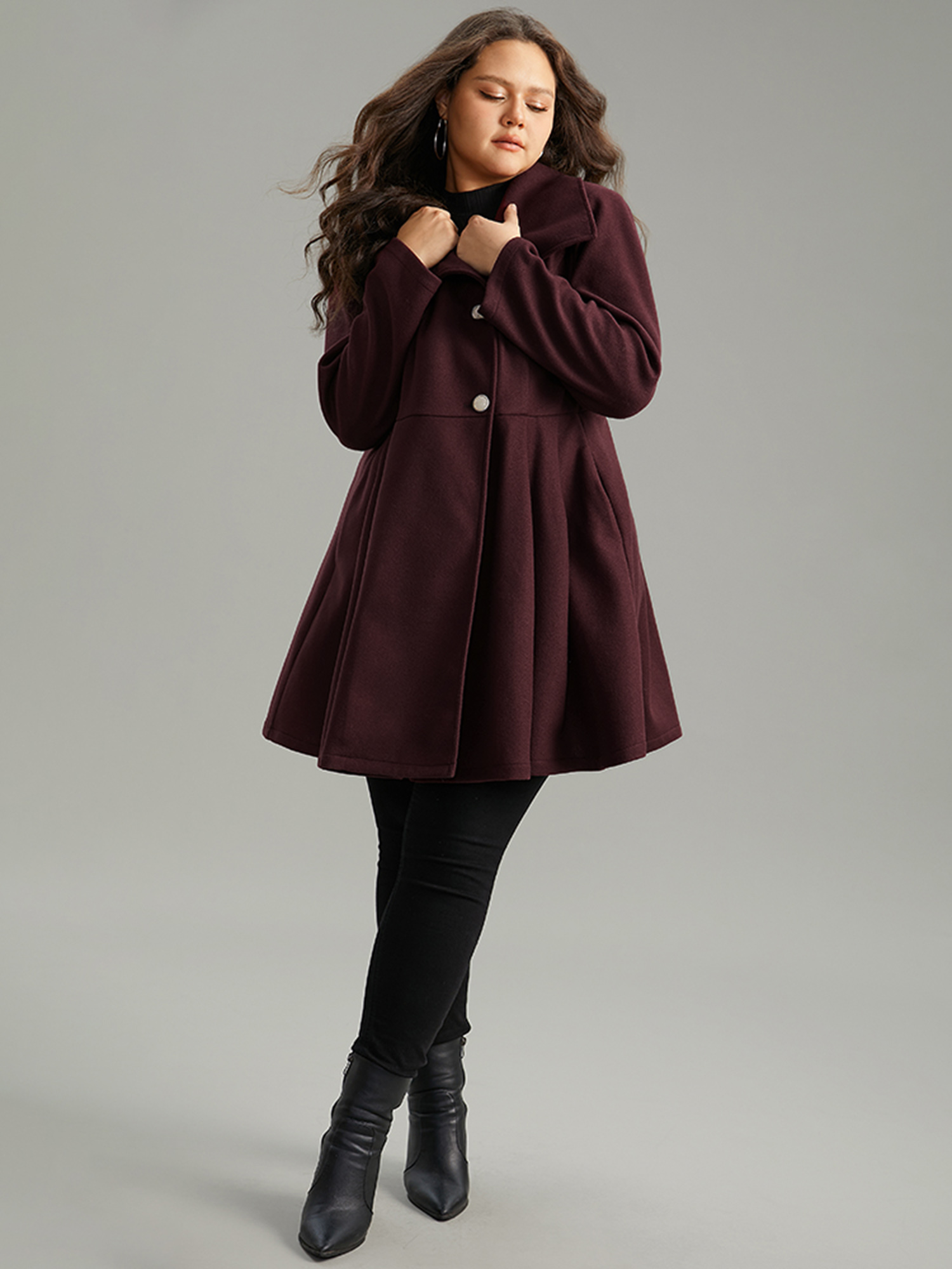 

Plus Size Plain Button Up Pocket Asymmetrical Lapel Collar Coat Women Burgundy Elegant Plain Ladies Everyday Winter Coats BloomChic