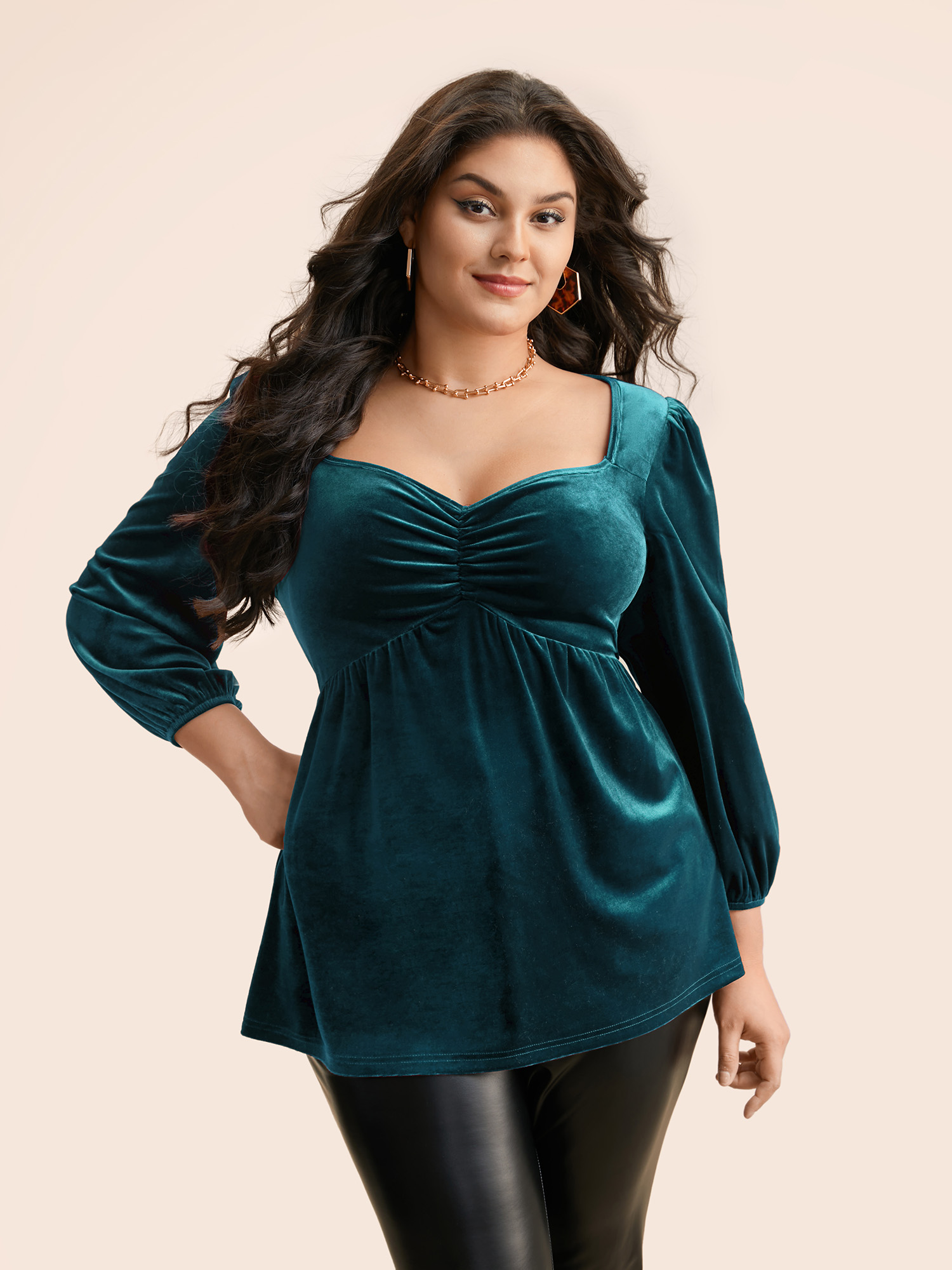 

Plus Size Cyan Velvet Heart Neckline Gathered Blouse Women Elegant Three Quater Length Sleeve Heart neckline Everyday Blouses BloomChic