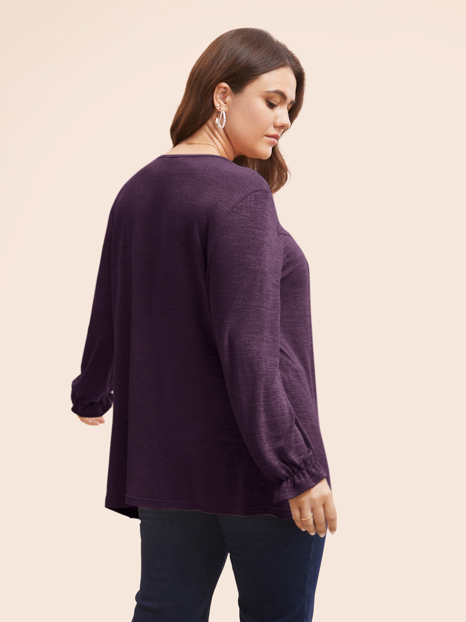 

Plus Size Round Neck Heather Pleated T-shirt Eggplant Women Elegant Pleated Round Neck Loose Everyday T-shirts BloomChic