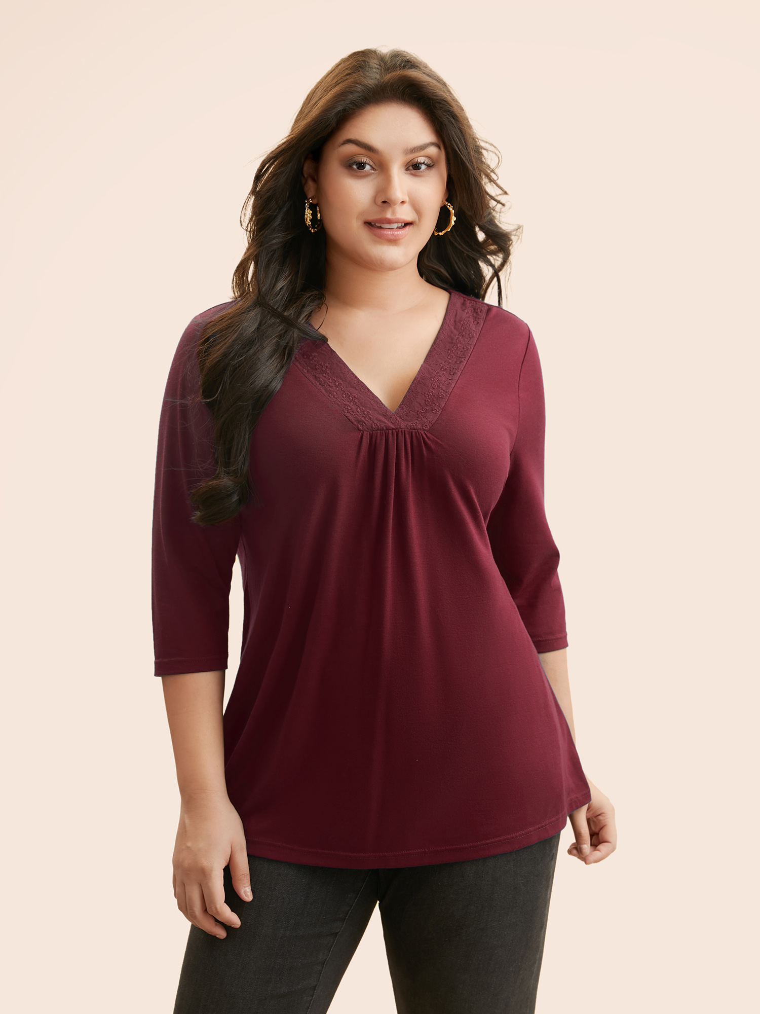 

Plus Size V Neck Embroidered Patchwork Gathered T-shirt Burgundy V-neck Elbow-length sleeve Elegant Jersey Tops