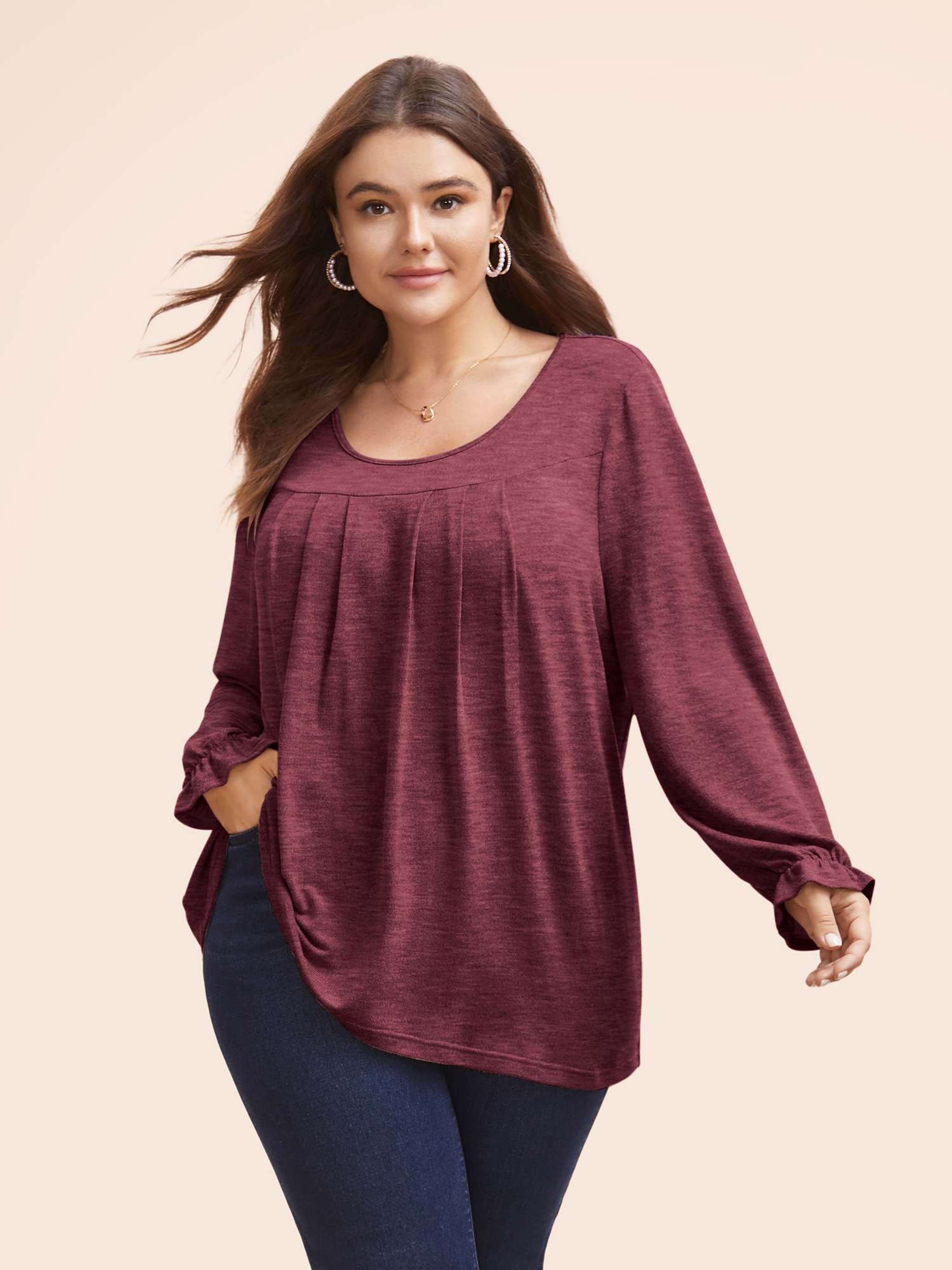 

Plus Size Round Neck Heather Pleated T-shirt RedViolet Women Elegant Pleated Round Neck Loose Everyday T-shirts BloomChic