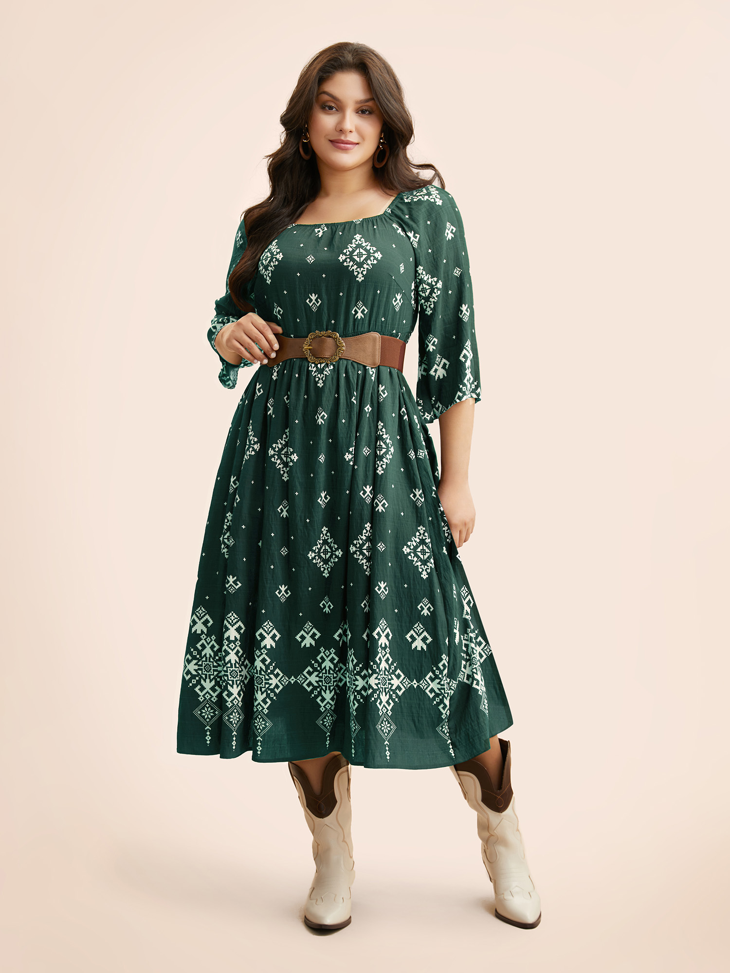 

Plus Size Boho Print Square Neck Shirred Dress DarkGreen Women Resort Shirred Square Neck Elbow-length sleeve Curvy BloomChic