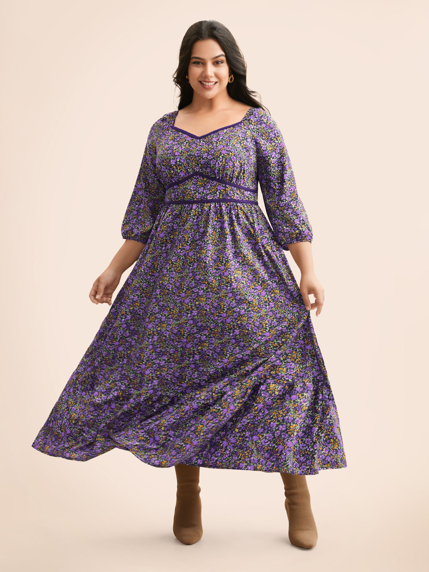 

Plus Size Ditsy Floral Woven Ribbon Maxi Dress Deeppurple Women Elegant Woven ribbon&lace trim Heart neckline Elbow-length sleeve Curvy BloomChic