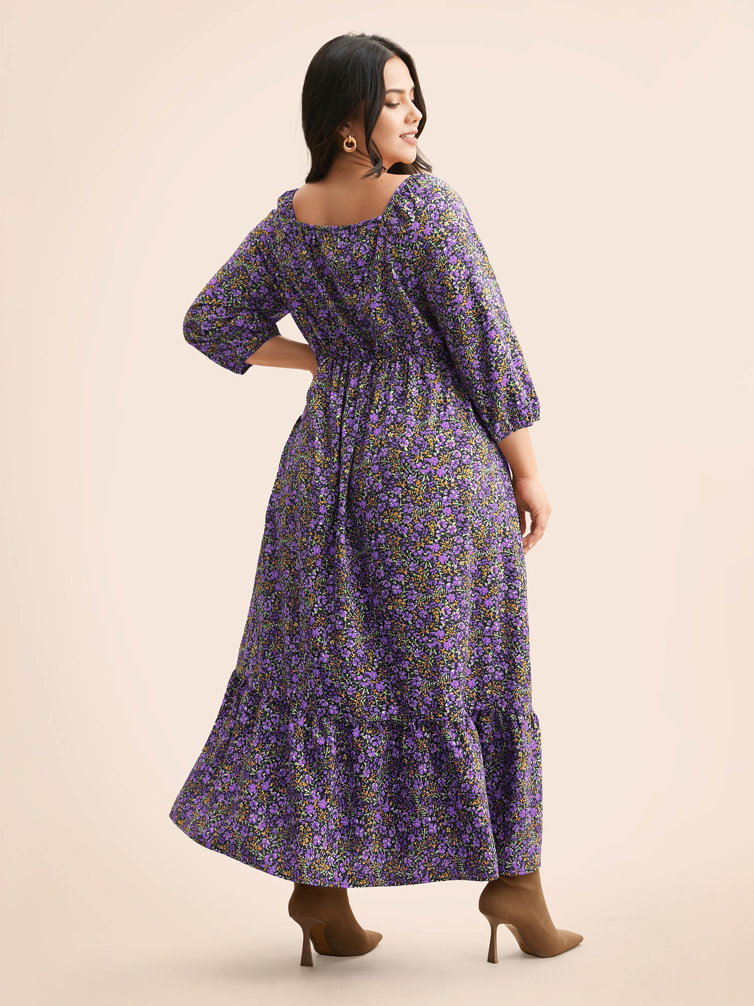 

Plus Size Ditsy Floral Woven Ribbon Maxi Dress Deeppurple Women Elegant Woven ribbon&lace trim Heart neckline Elbow-length sleeve Curvy BloomChic