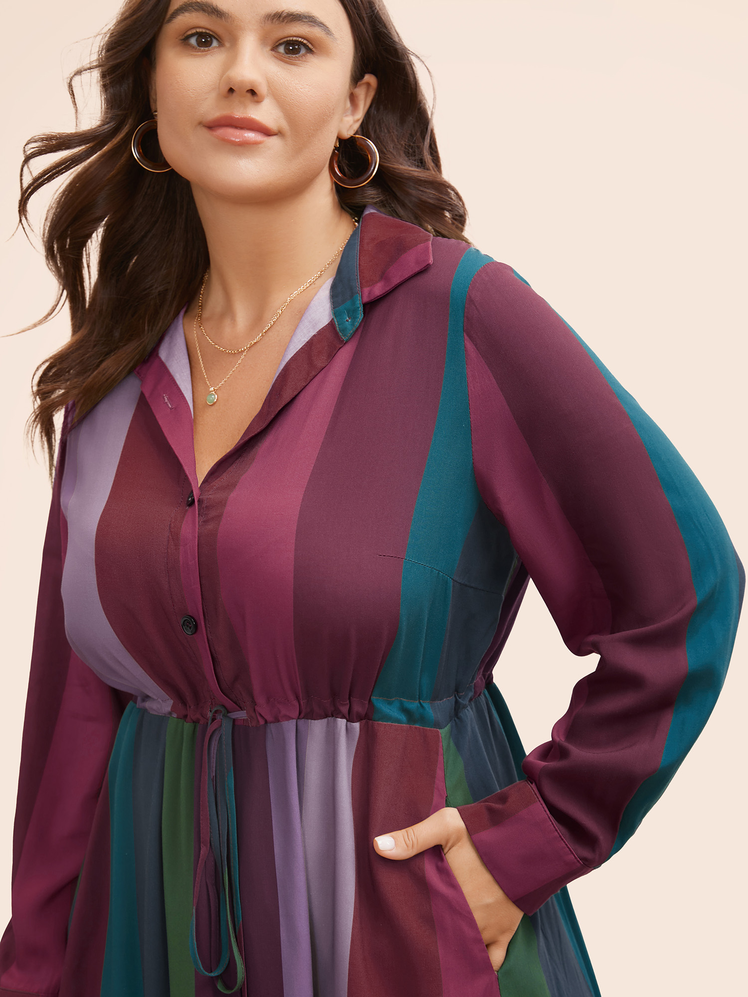 

Plus Size Colorblock Contrast Shirt Collar Drawstring Dress Burgundy Women Resort Contrast Shirt collar Long Sleeve Curvy BloomChic