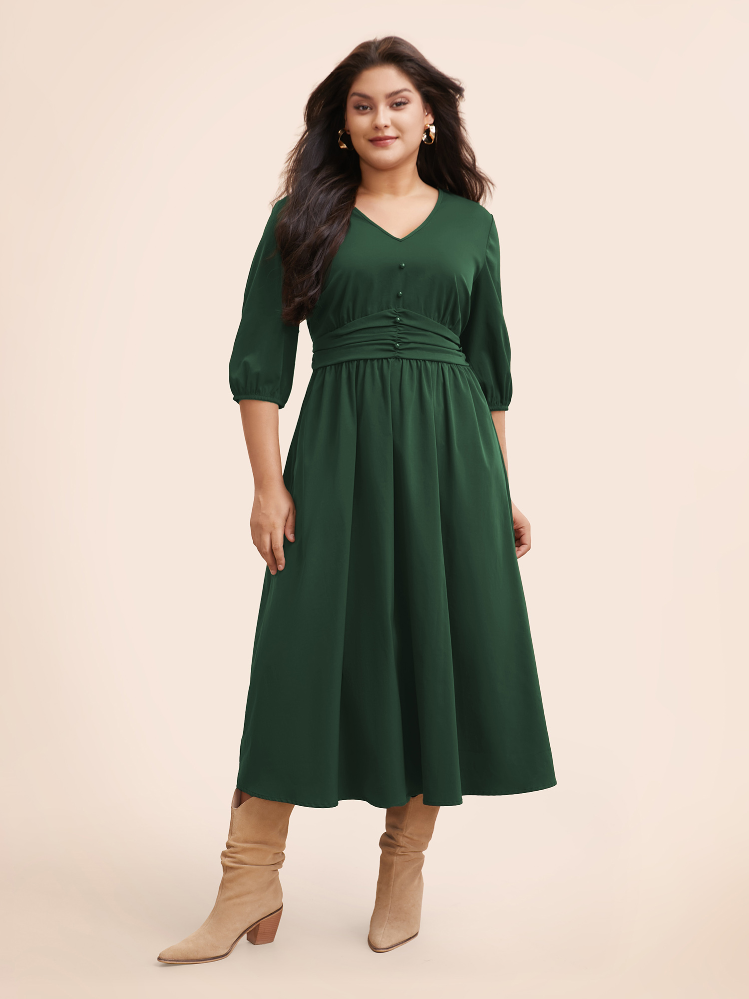 

Plus Size V Neck Shirred Ruched Midi Dress Teal Women Elegant Gathered V-neck Elbow-length sleeve Curvy BloomChic