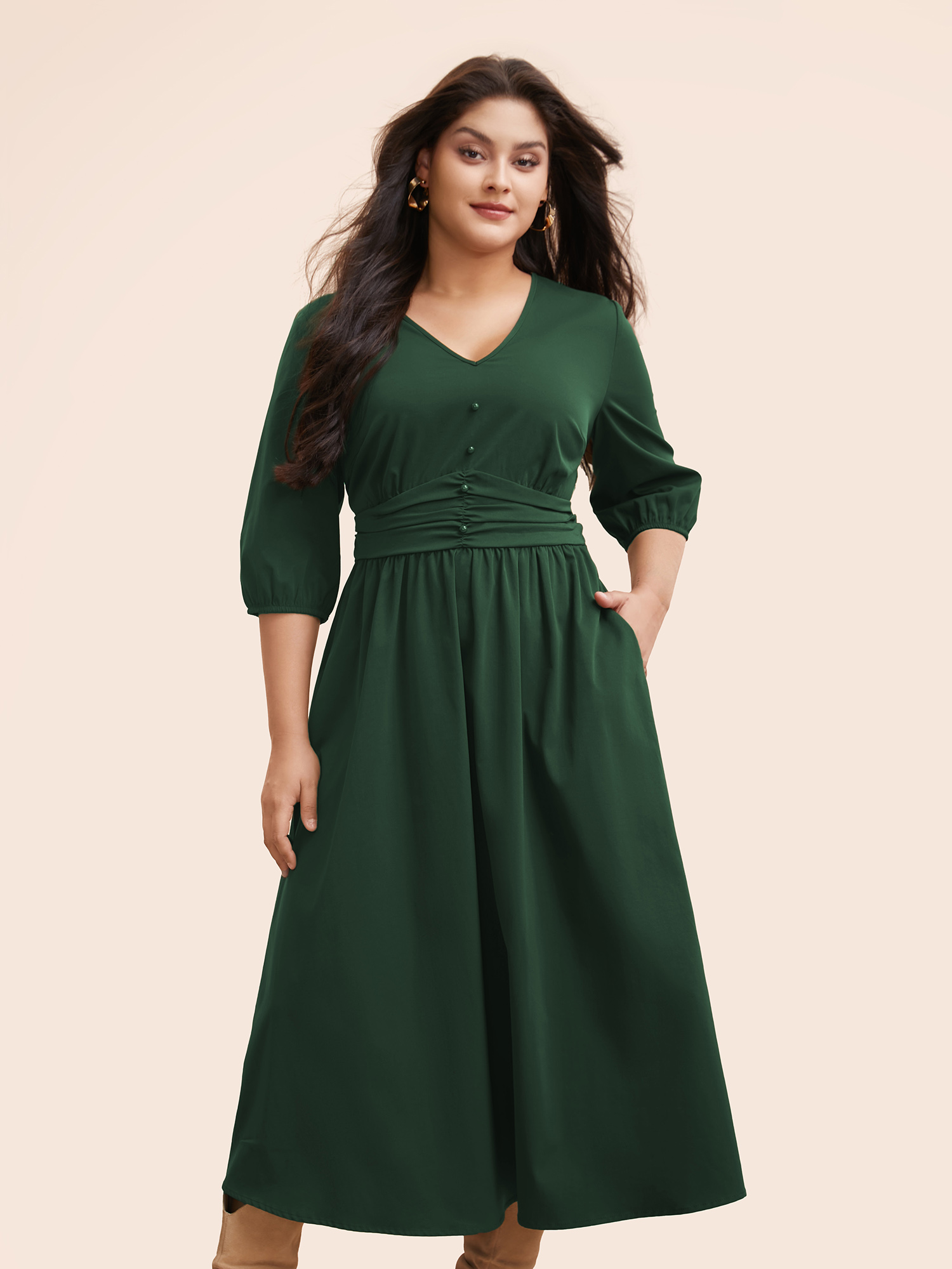 

Plus Size V Neck Shirred Ruched Midi Dress Teal Women Elegant Gathered V-neck Elbow-length sleeve Curvy BloomChic