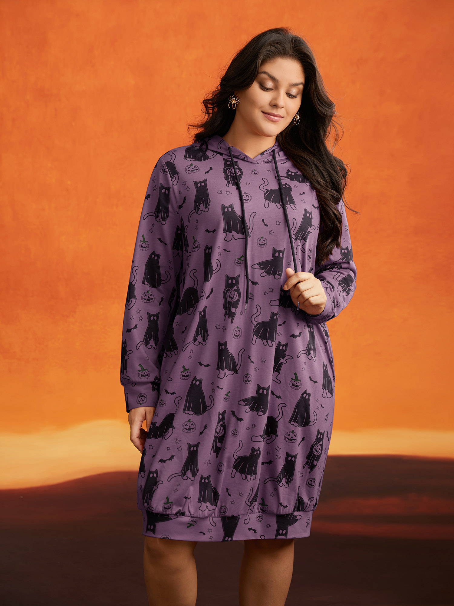 BloomChic Plus Size Pumpkin Cat Print Hooded Midi Lounge Dress - Women's Supersoft Sleep Dress Mauve Long Sleeve Non Side seam pocket Comfort Sleeve Fit O-line Lounge Dresses 14/M