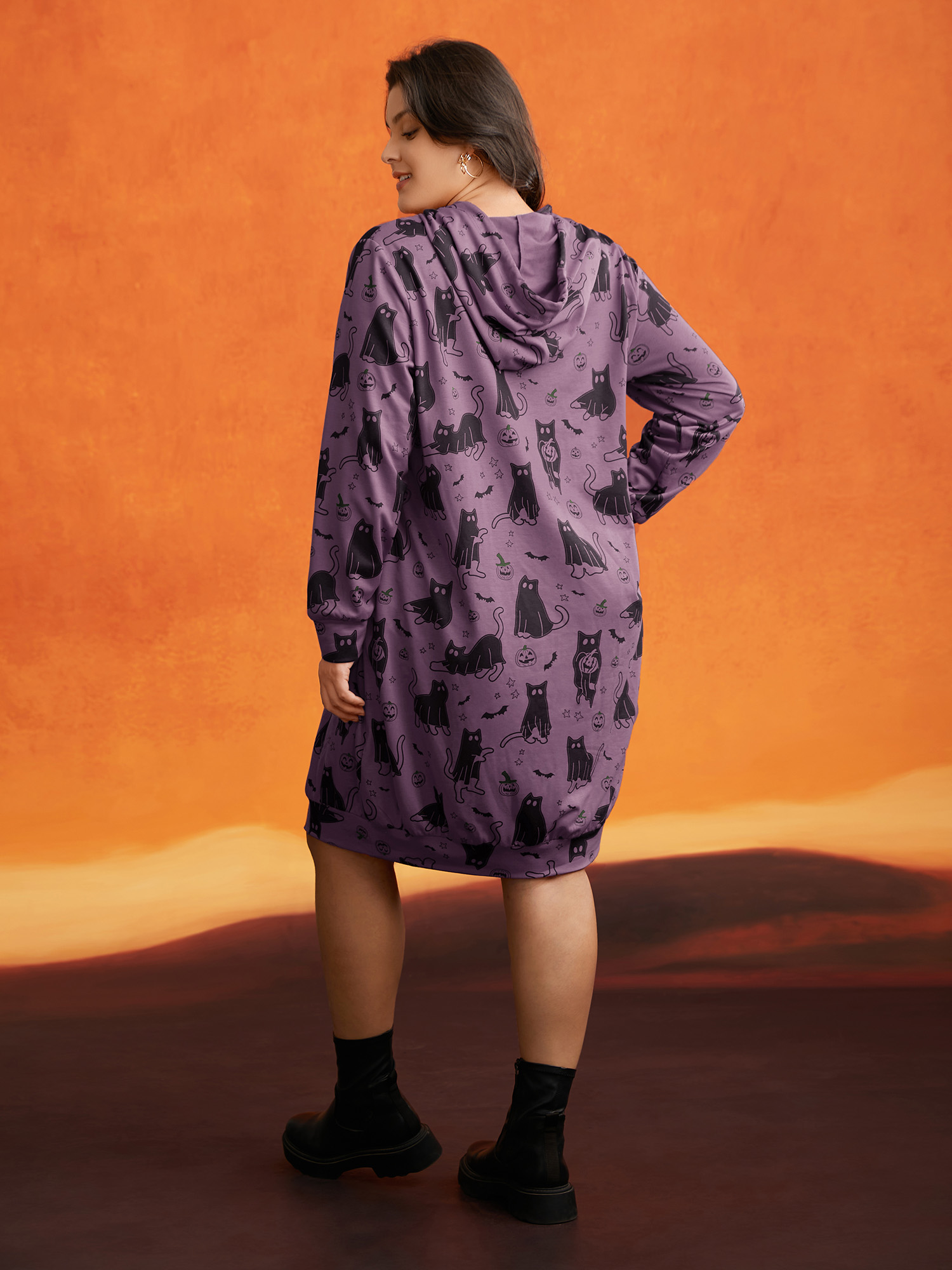 

Plus Size Pumpkin Cat Printed Hooded Midi Dress Mauve Long Sleeve Hooded Cocktail Party  Bloomchic