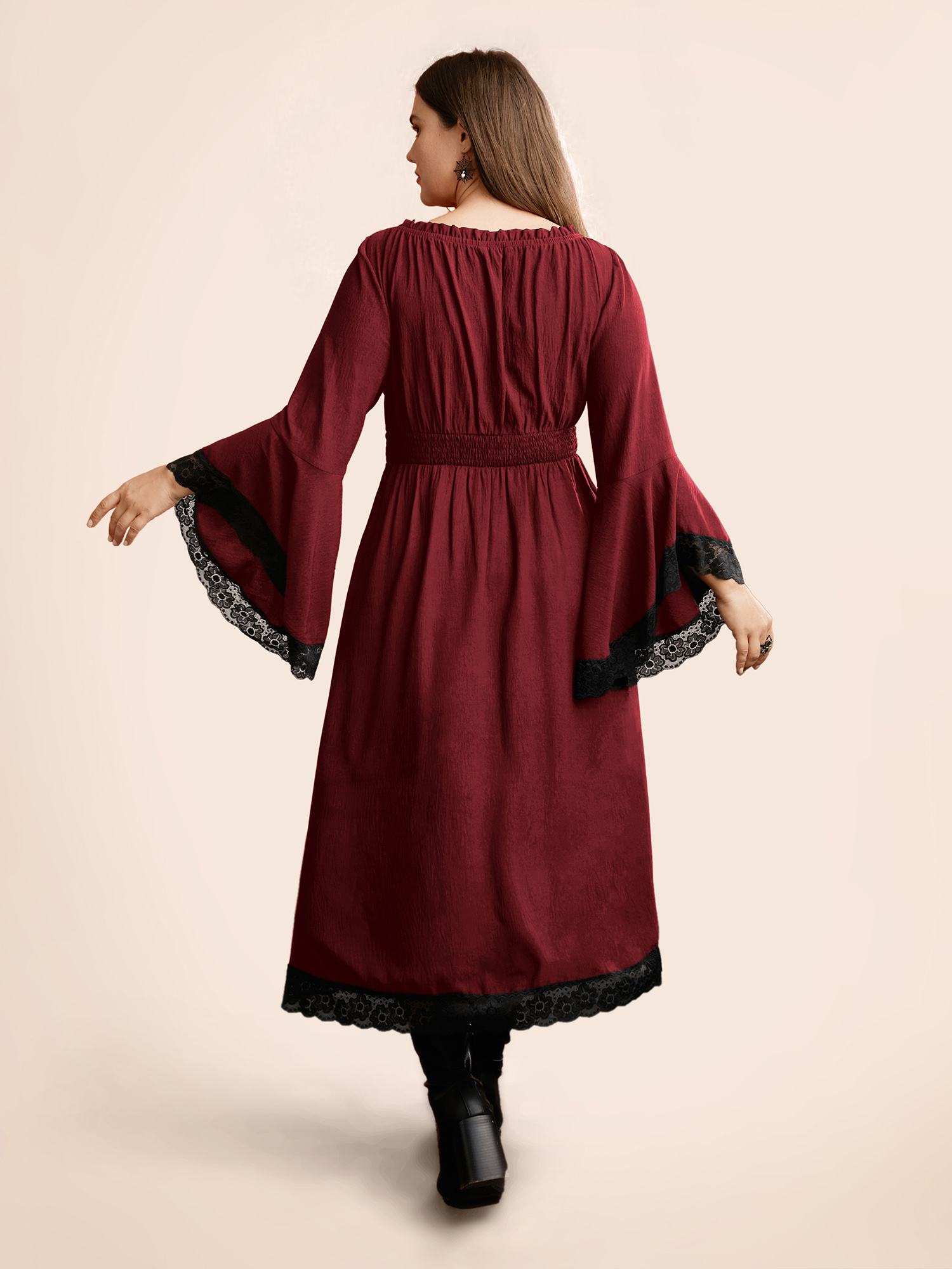 

Plus Size Gothic Inspired Lotus Sleeves Midi Dress Deepred Women Cocktail Woven ribbon&lace trim Party Curvy Bloomchic