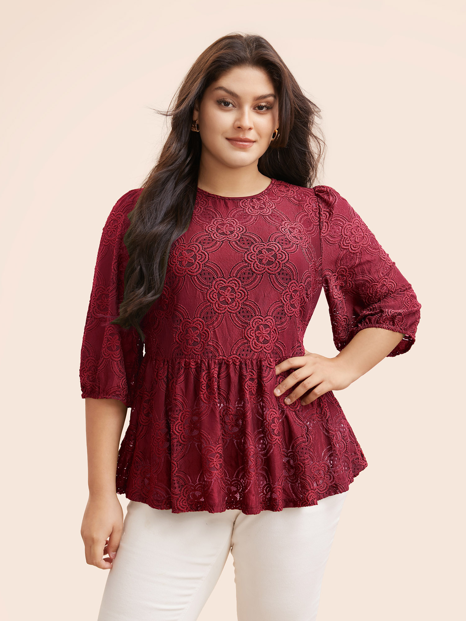 

Plus Size Burgundy Crew Neck Crochet Lace Lantern Sleeve Blouse Women Elegant Elbow-length sleeve Round Neck Everyday Blouses BloomChic