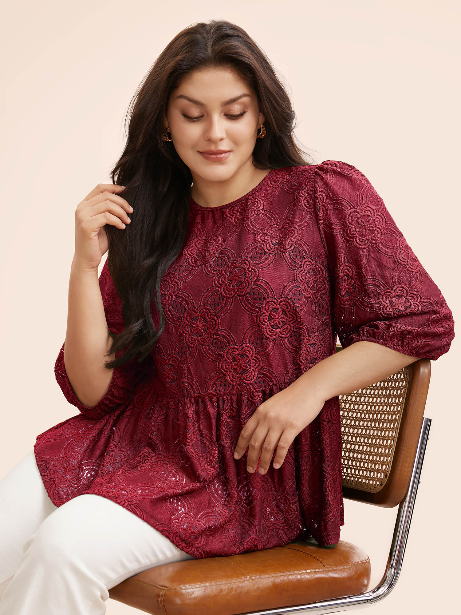 

Plus Size Burgundy Crew Neck Crochet Lace Lantern Sleeve Blouse Women Elegant Elbow-length sleeve Round Neck Everyday Blouses BloomChic