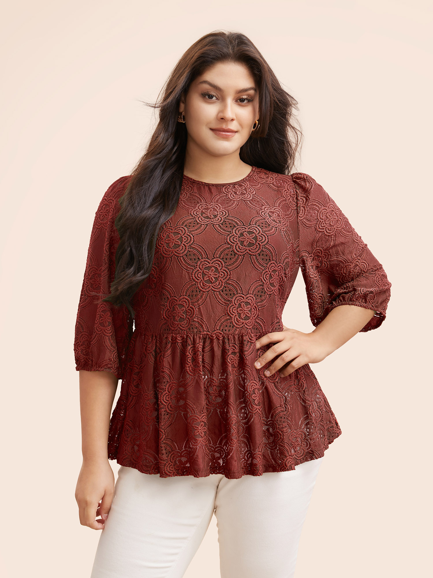 

Plus Size Rust Crew Neck Crochet Lace Lantern Sleeve Blouse Women Elegant Elbow-length sleeve Round Neck Everyday Blouses BloomChic