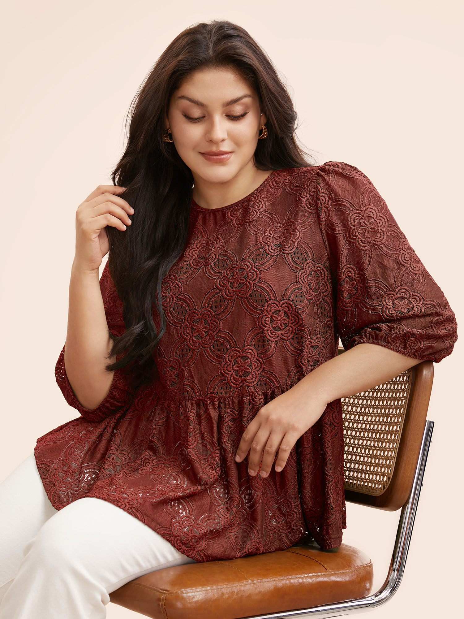 

Plus Size Rust Crew Neck Crochet Lace Lantern Sleeve Blouse Women Elegant Elbow-length sleeve Round Neck Everyday Blouses BloomChic