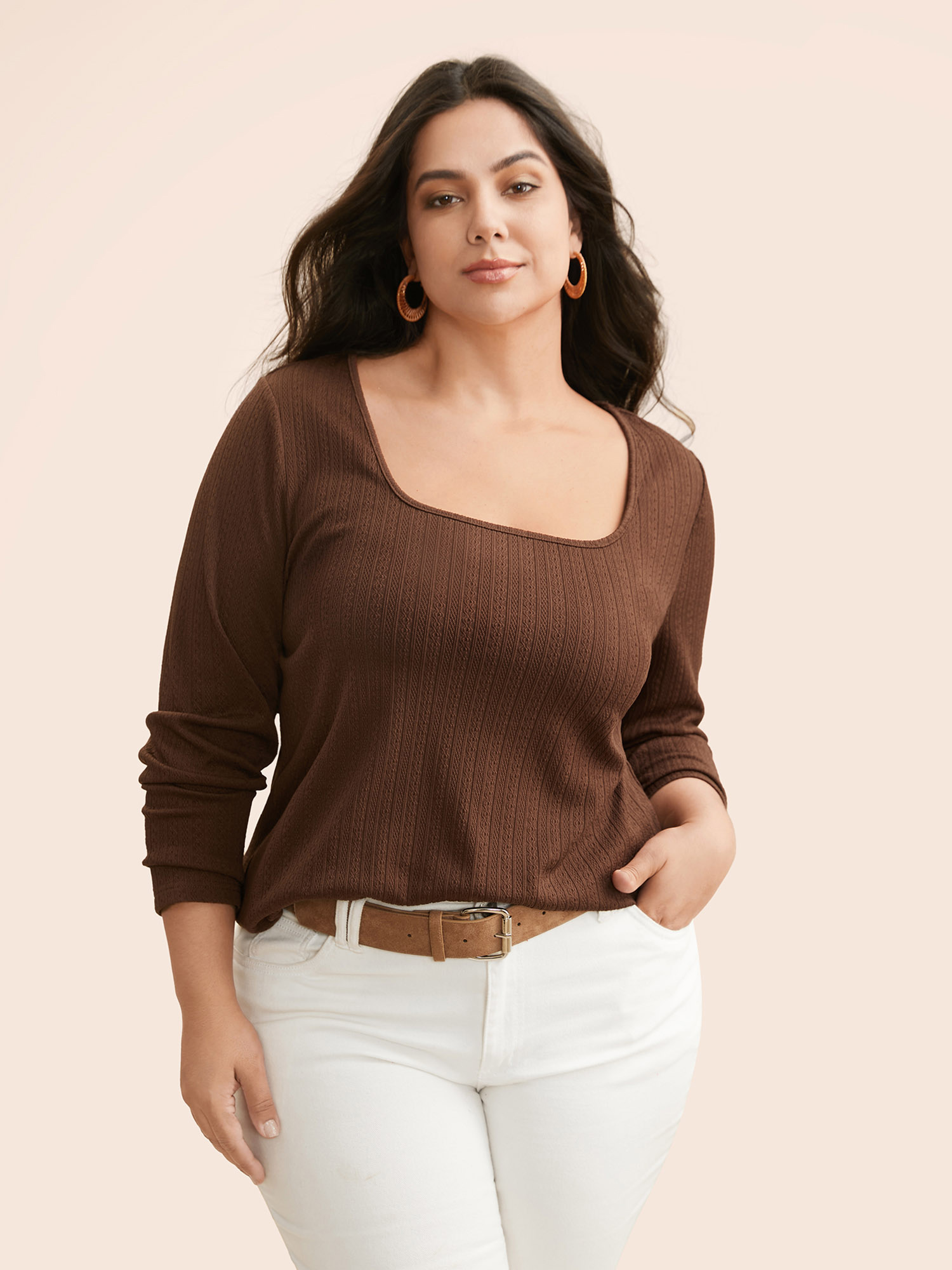 

Plus Size Square Neck Plain Textured T-shirt Browncoffeecolor Women Casual Texture Square Neck Everyday T-shirts BloomChic